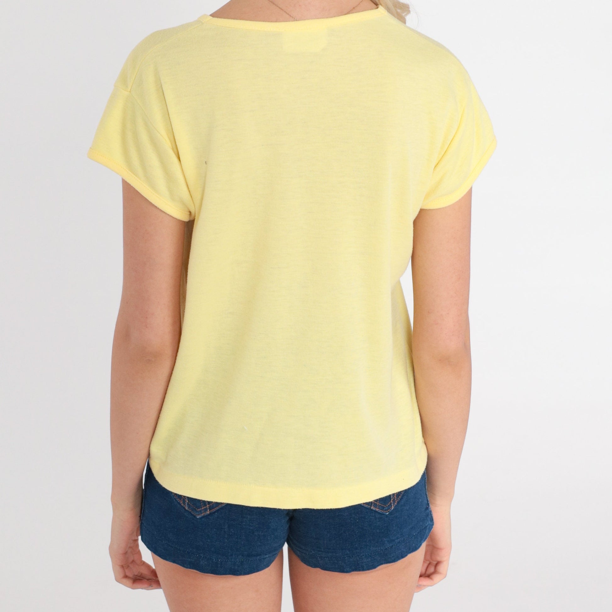 80s Floral Embroidered T-Shirt Yellow V-Neck Cap Sleeve Medium