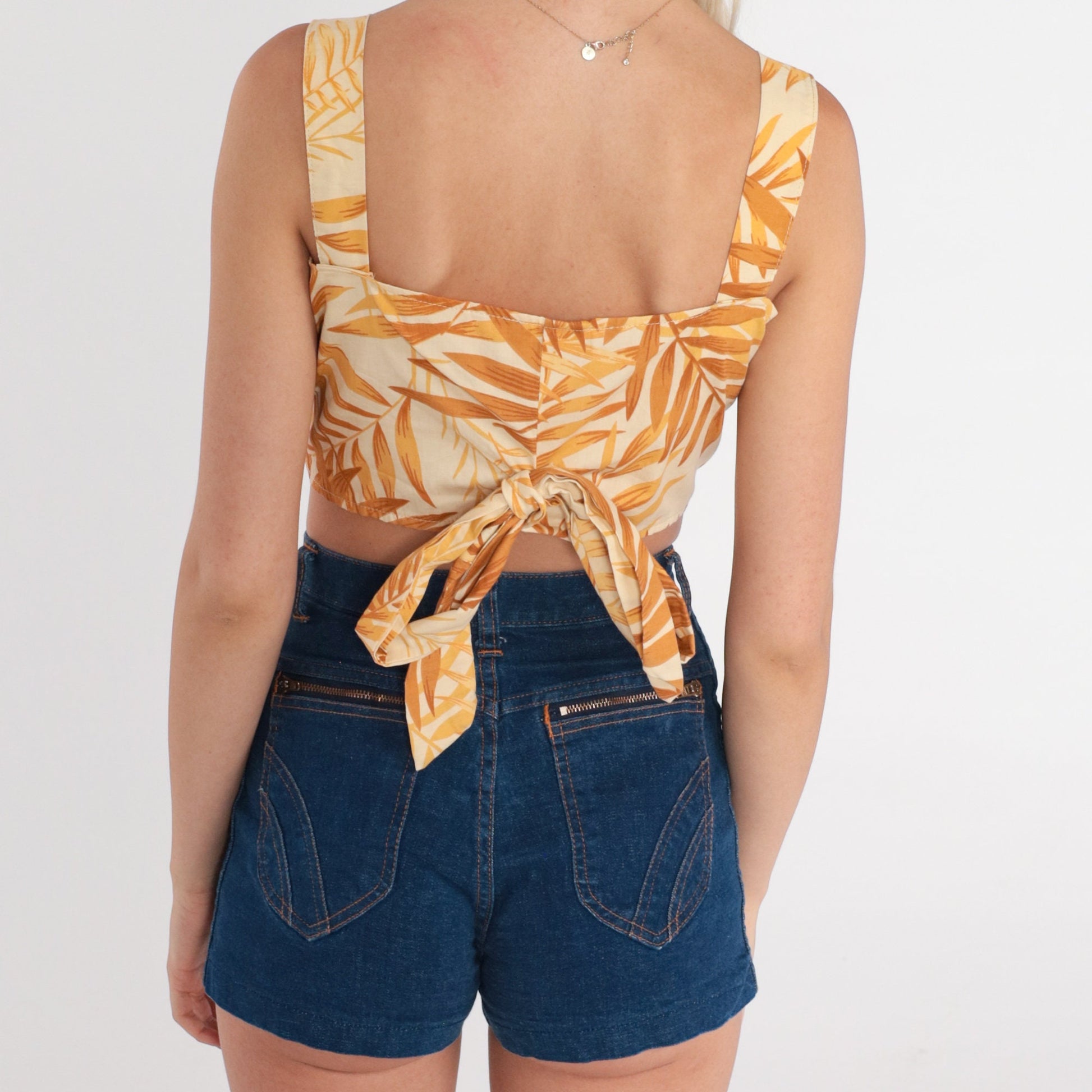 90s Tropical Botanical Crop Top Yellow Sweetheart Neckline Small