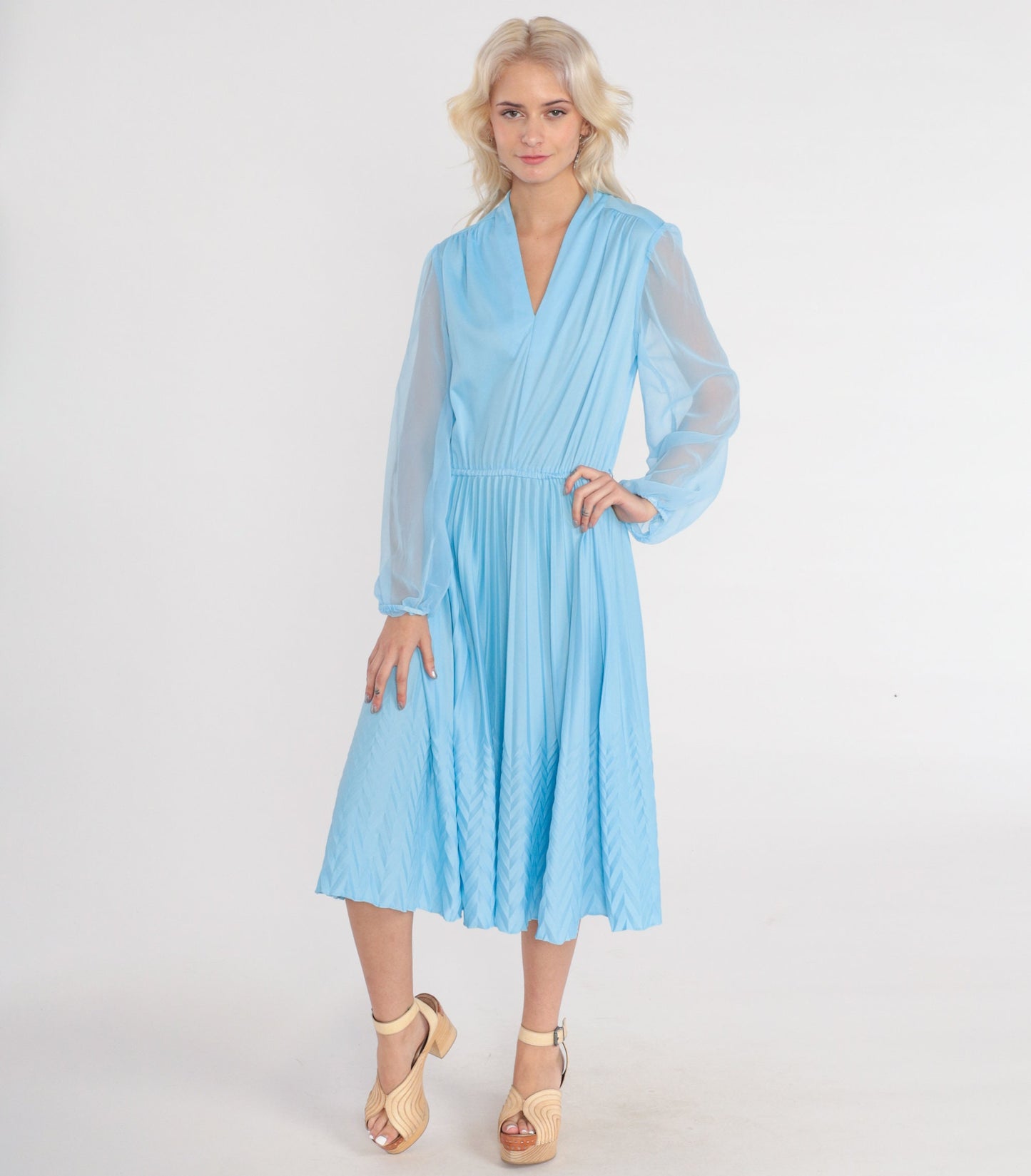 70s Blue Midi Dress V-Neck High Waisted Knife Pleated Sheer Sleeve Medium M