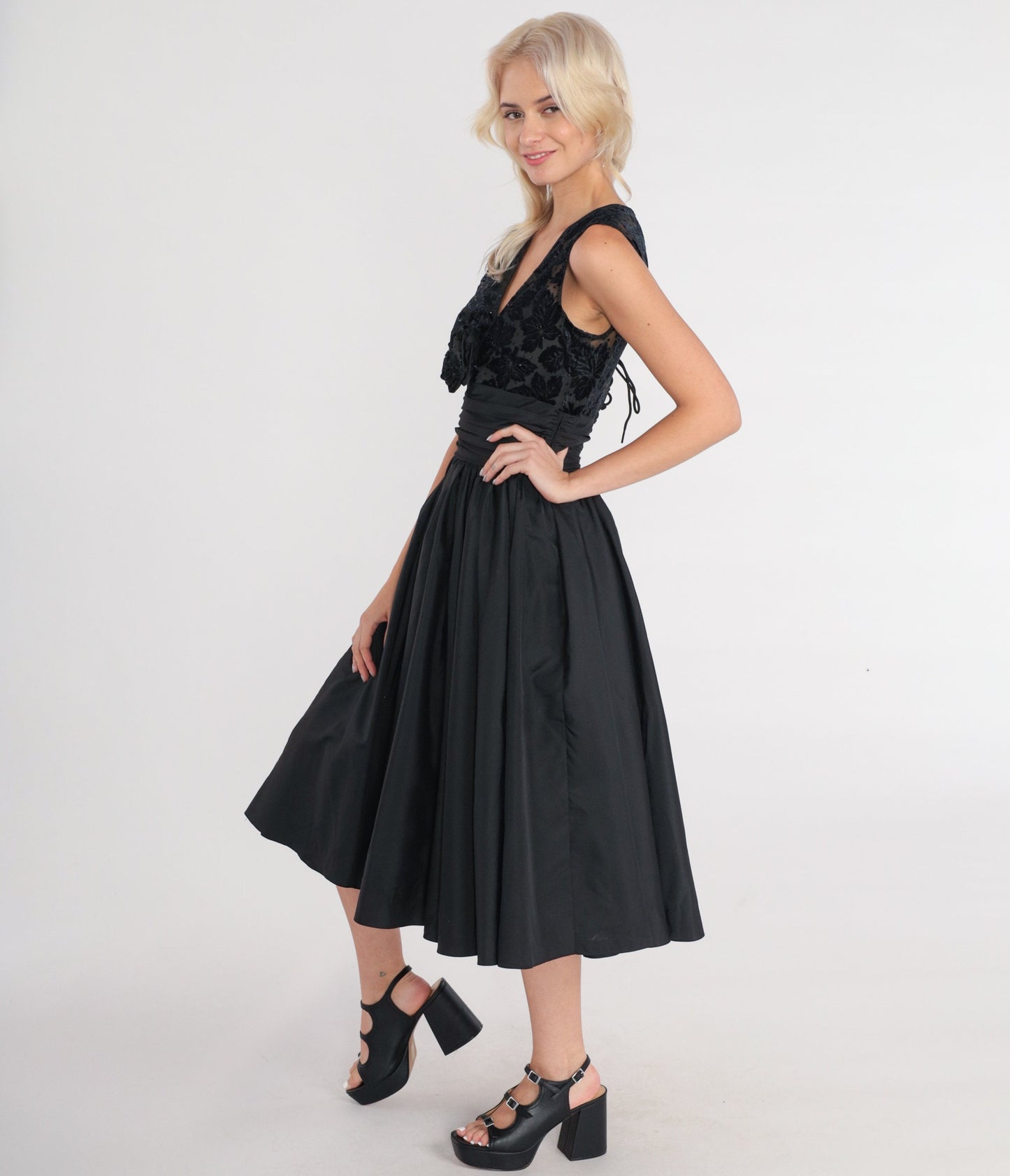 80s Black Velvet Burnout Midi Dress Beaded Rosette V-Neck Lace-Up Back Small