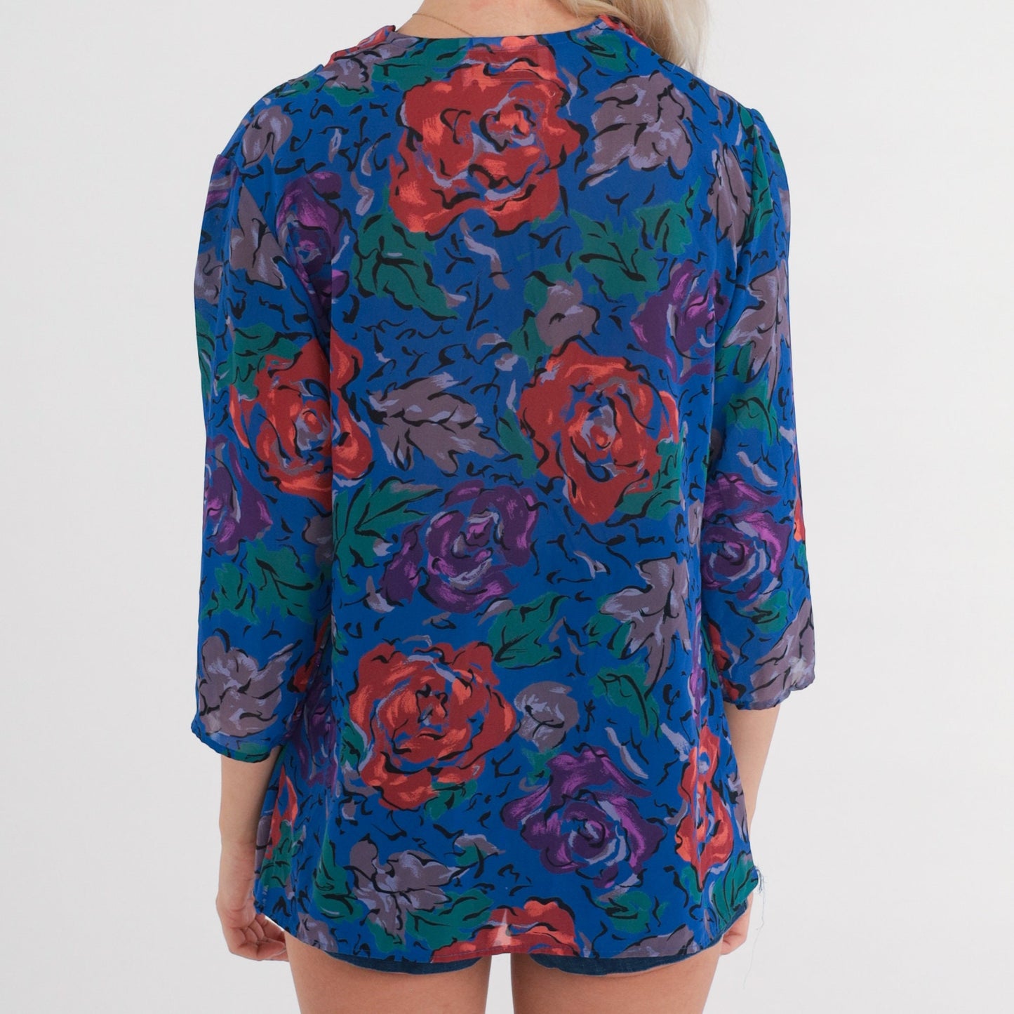 80s Floral Cowl Neck Blouse 3/4 Sleeve Blue Purple Red Small