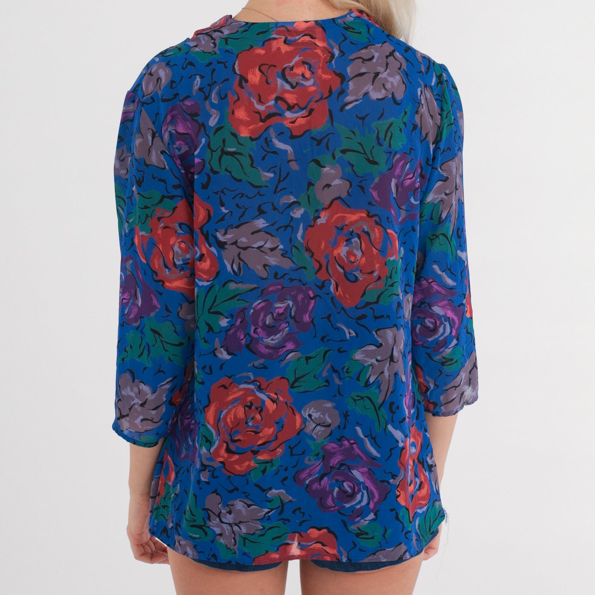 80s Floral Cowl Neck Blouse 3/4 Sleeve Blue Purple Red Small