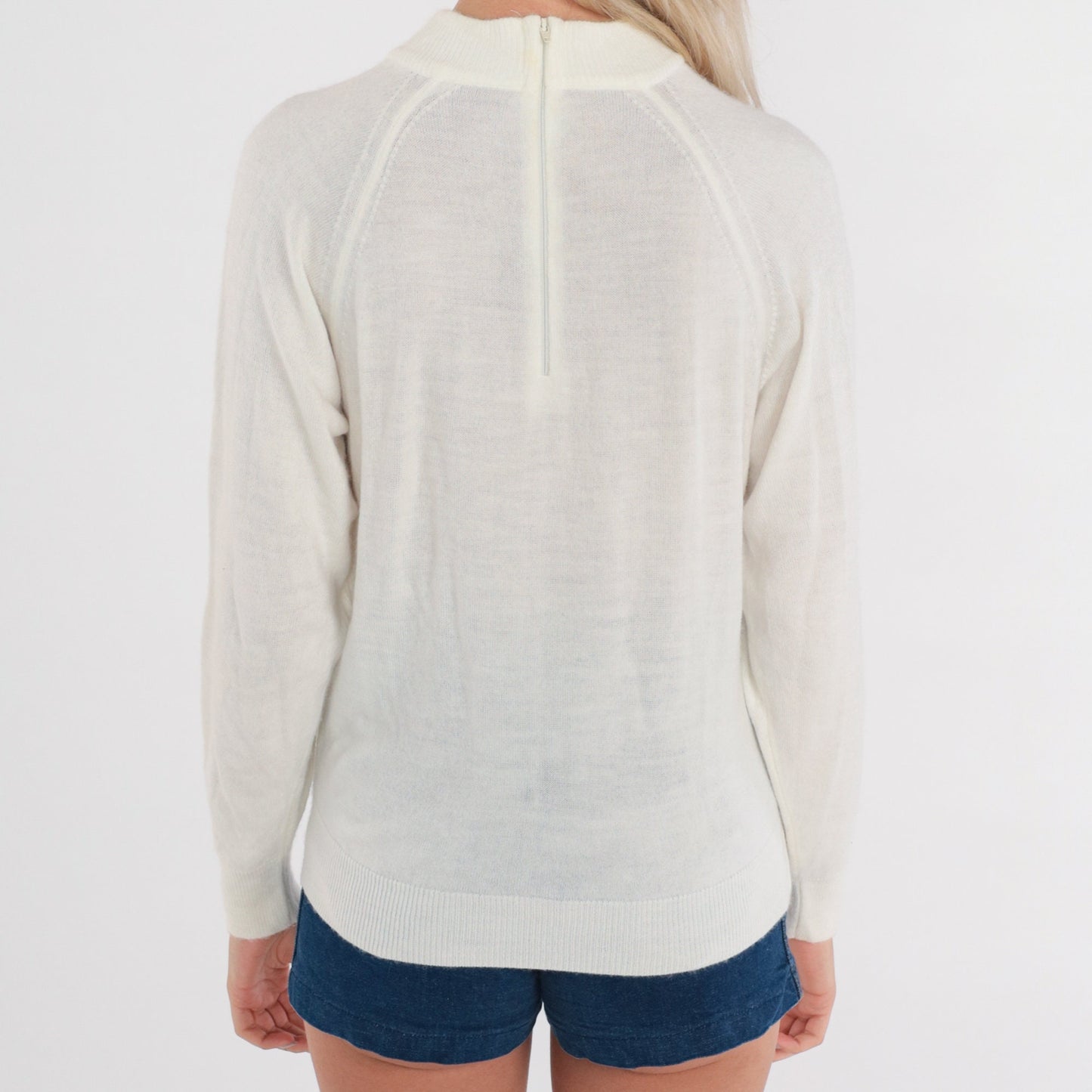 90s White Knit Sweater Mock Neck Raglan Sleeve Pullover Small