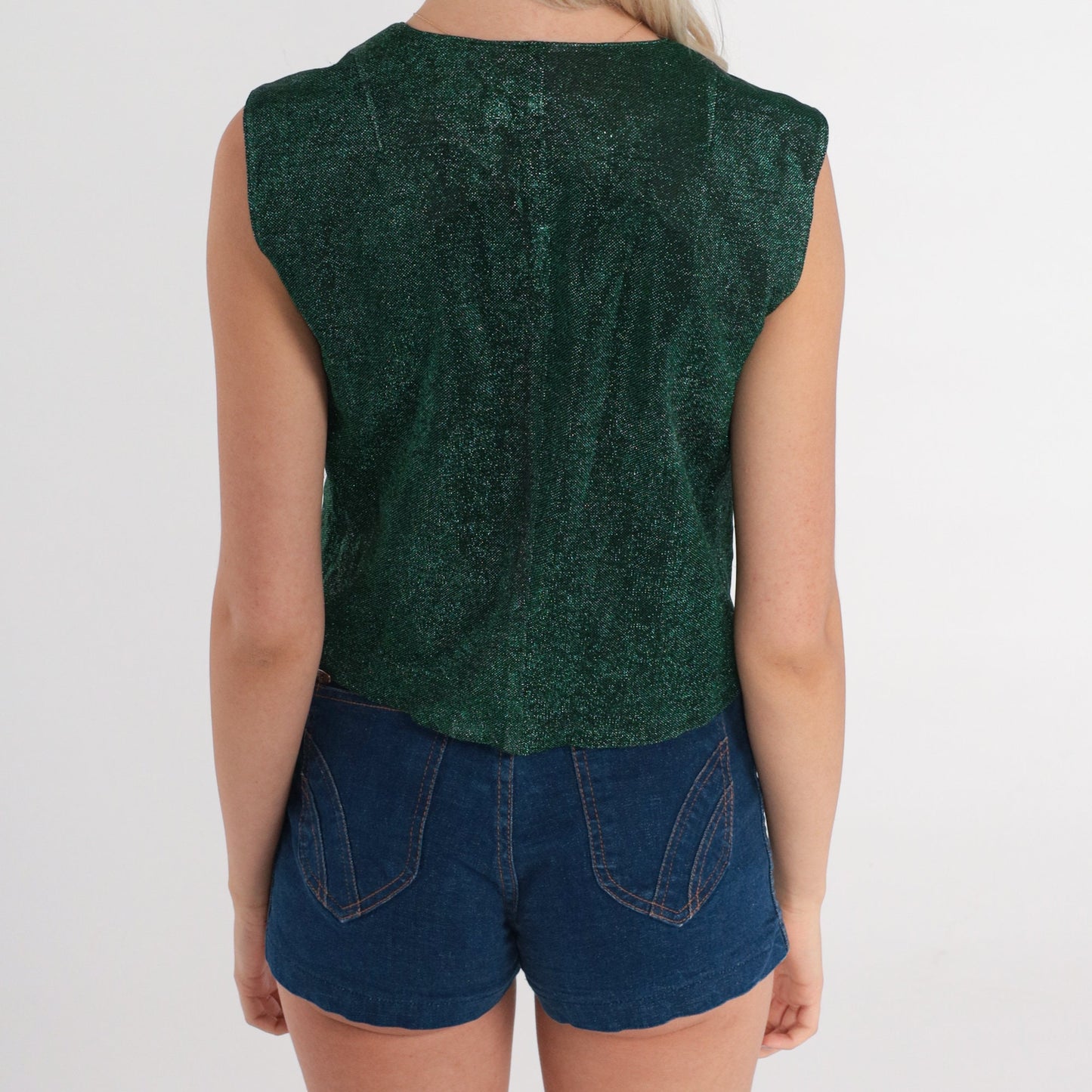 70s Green Metallic Vest Sleeveless Open Front Disco Festival Small