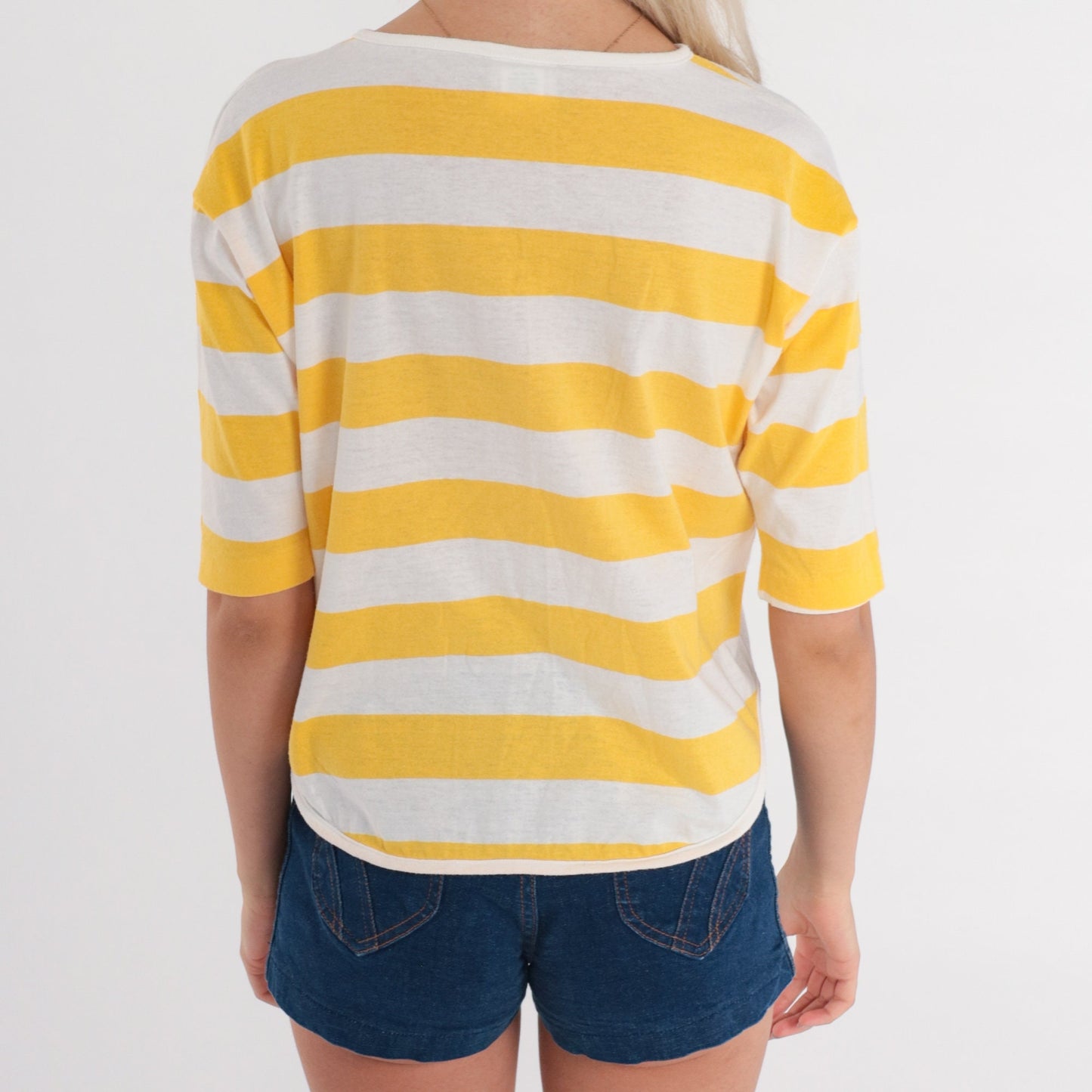 90s Yellow & White Striped Crop Top Half Sleeve Cotton Tee Medium