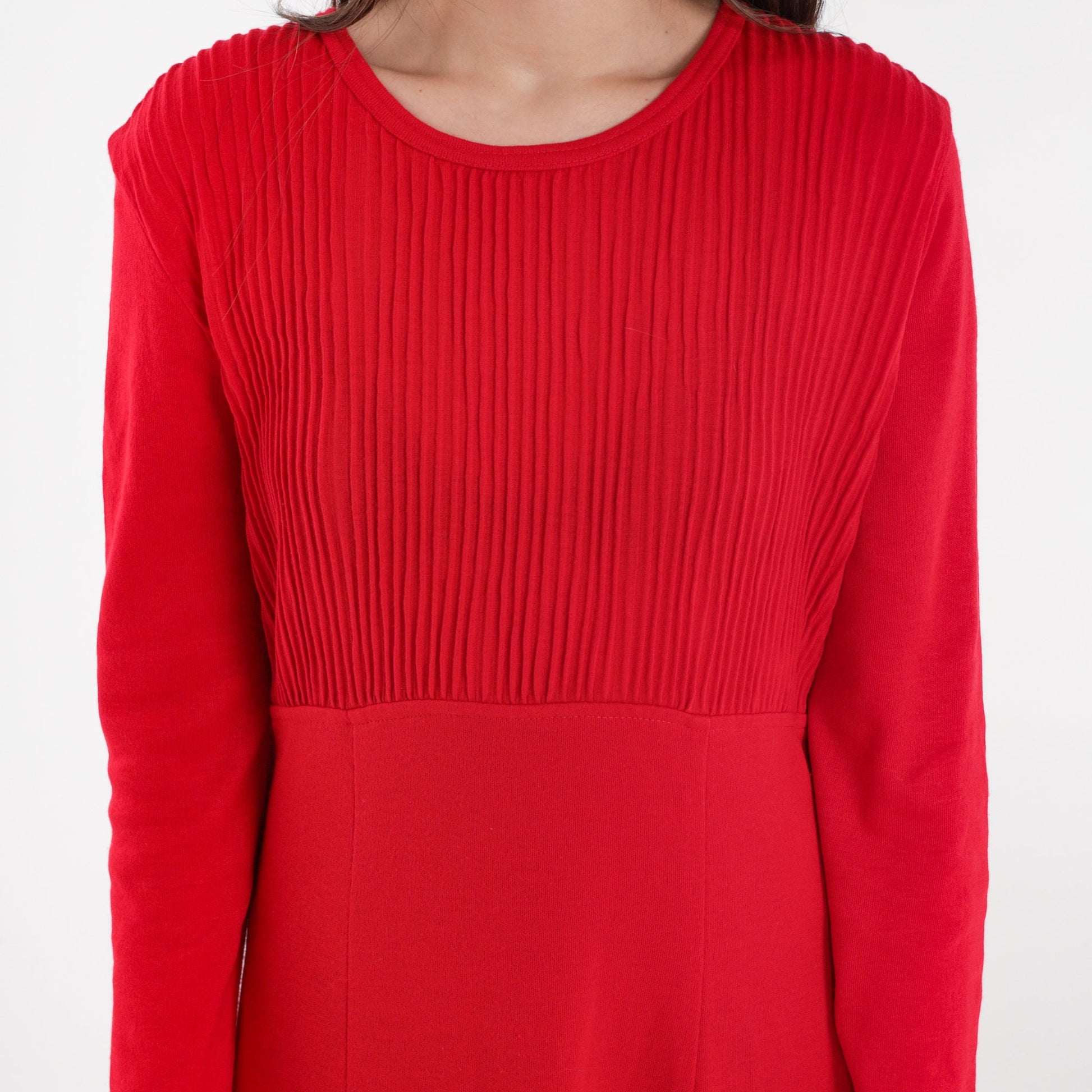 80s Red Midi Dress High Waist Pleated Long Sleeve Medium