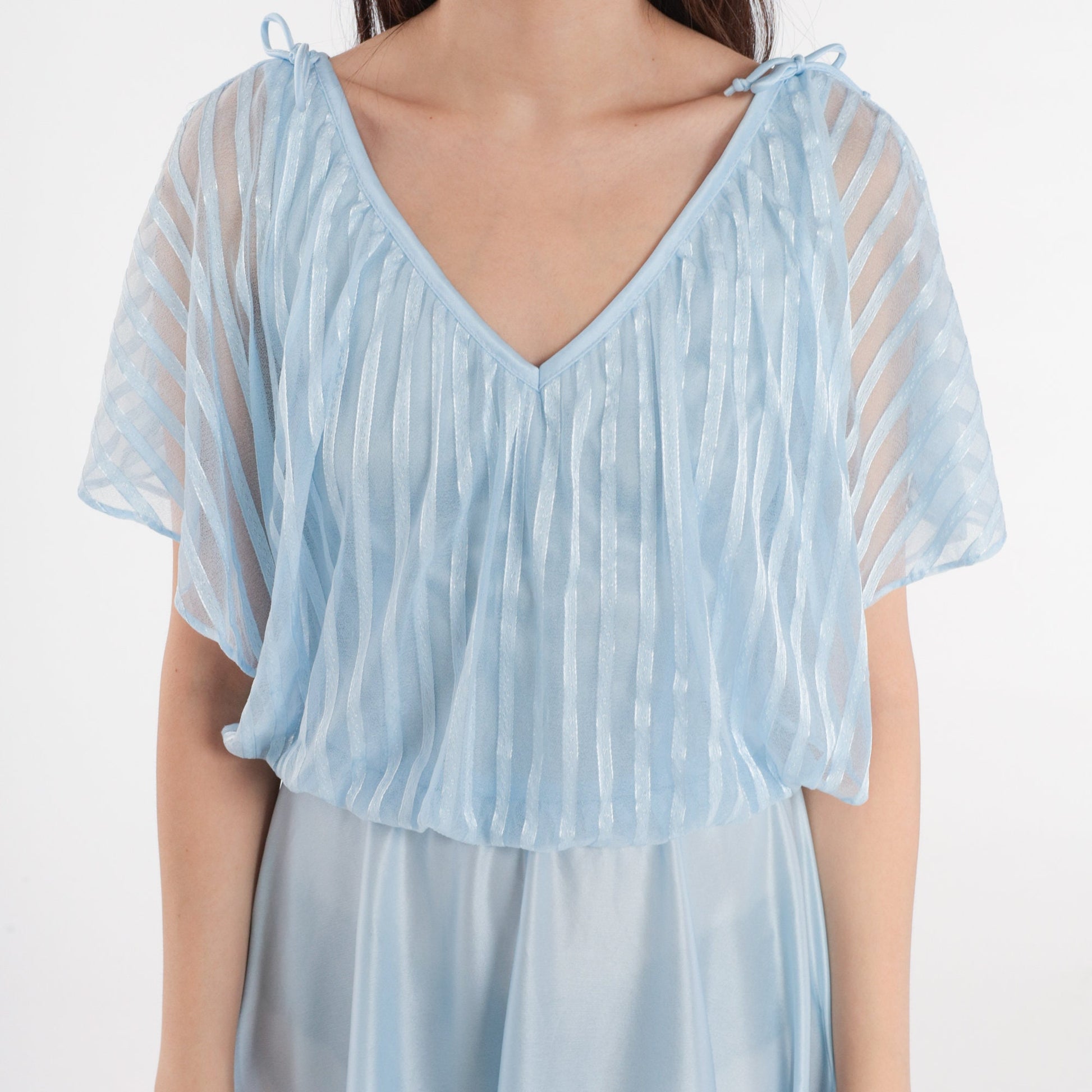 70s Baby Blue Maxi Dress Grecian High Waisted Flutter Sleeve Small