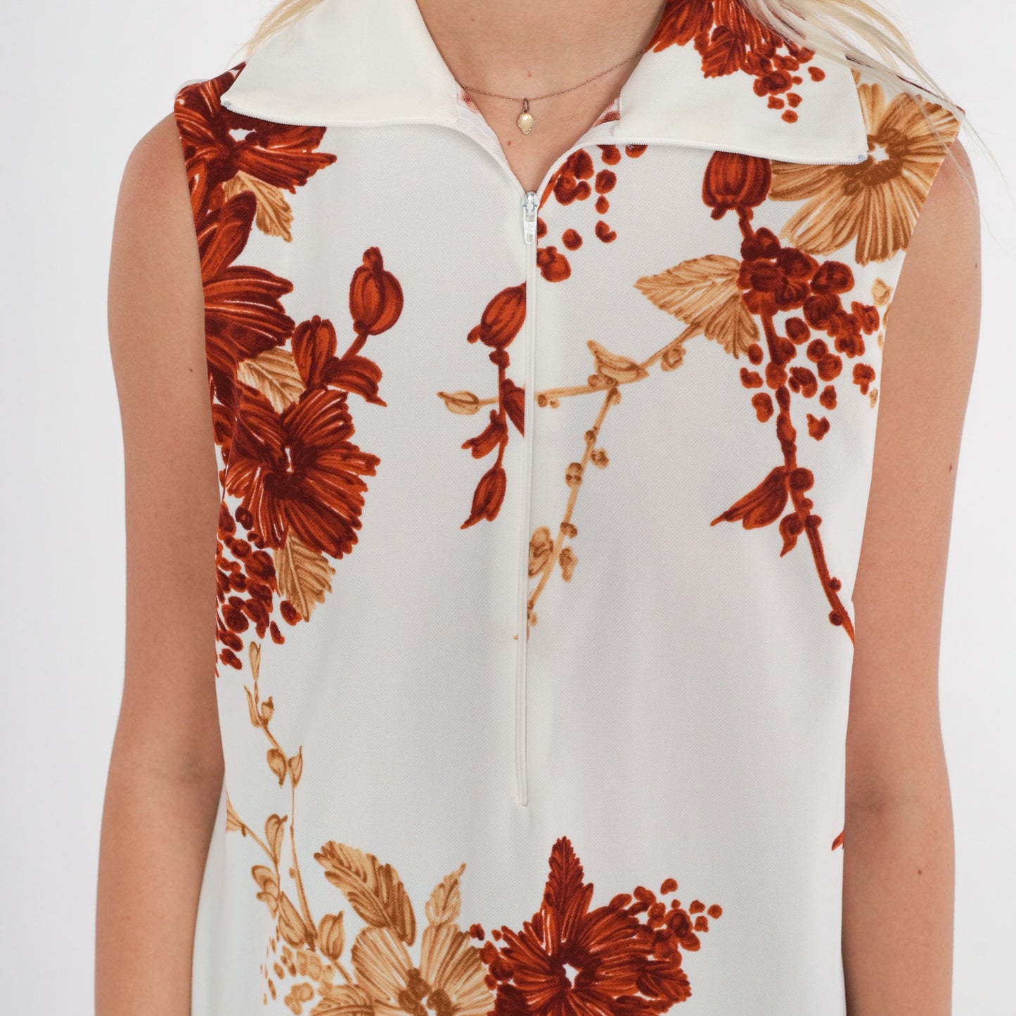70s Floral Tank Top White Brown Front Zip Sleeveless Blouse Small