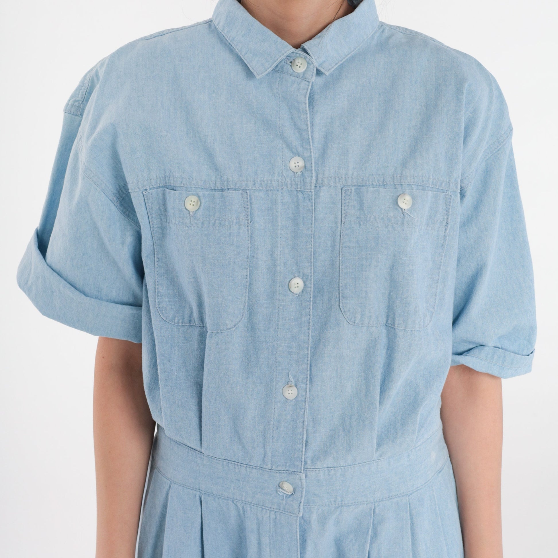 80s Norm Thompson Blue Denim Maxi Dress Button-Up Chest Pocket Extra Large