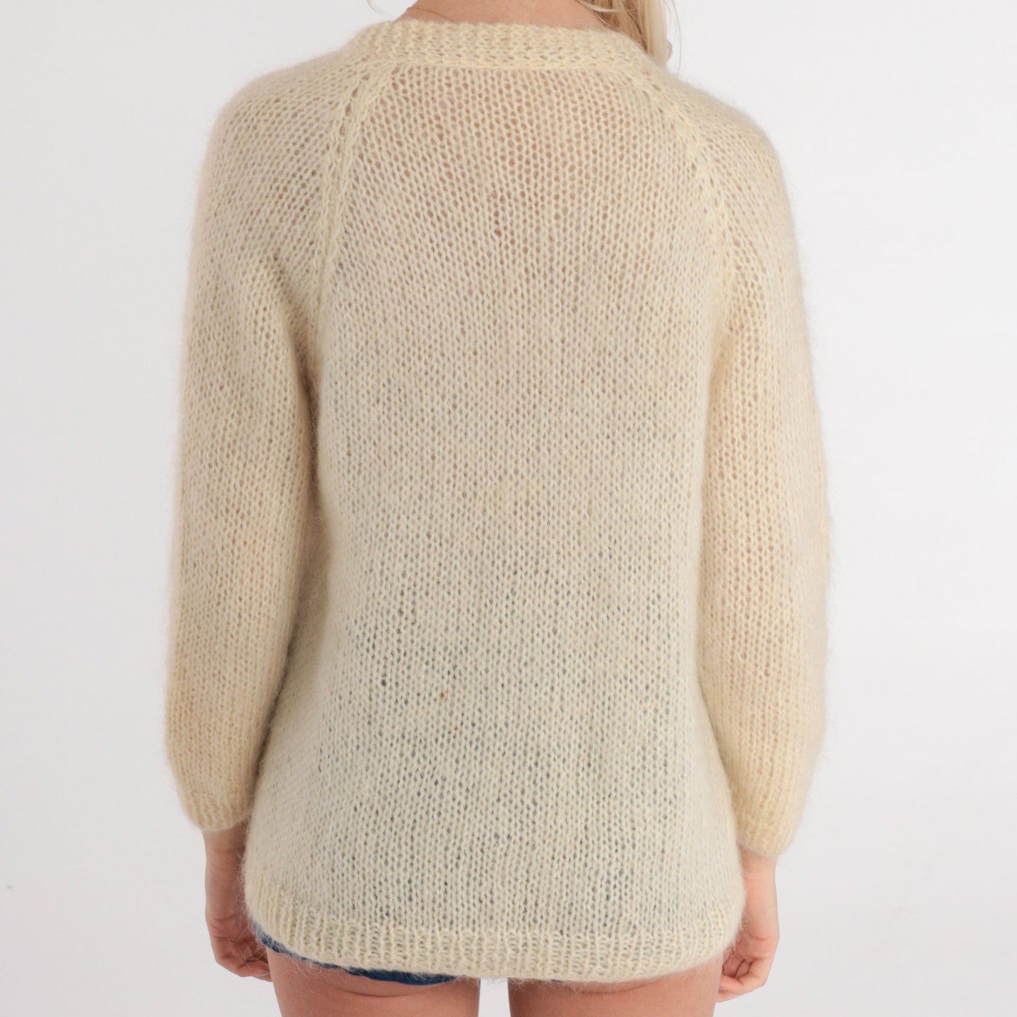 70s Cream Wool Cardigan Chunky Knit Button-Up Sweater Medium M