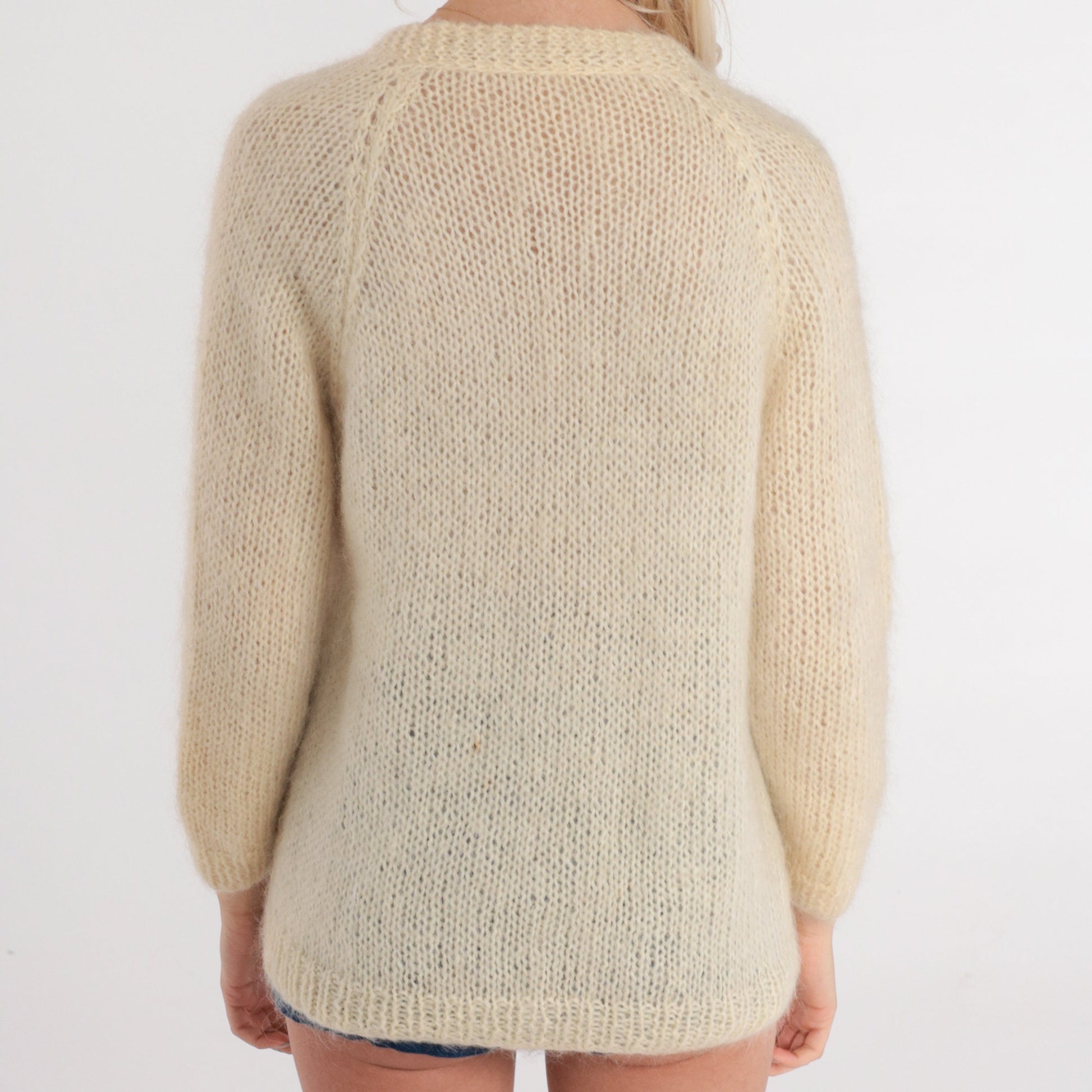 70s Cream Wool Cardigan Chunky Knit Button-Up Sweater Medium M
