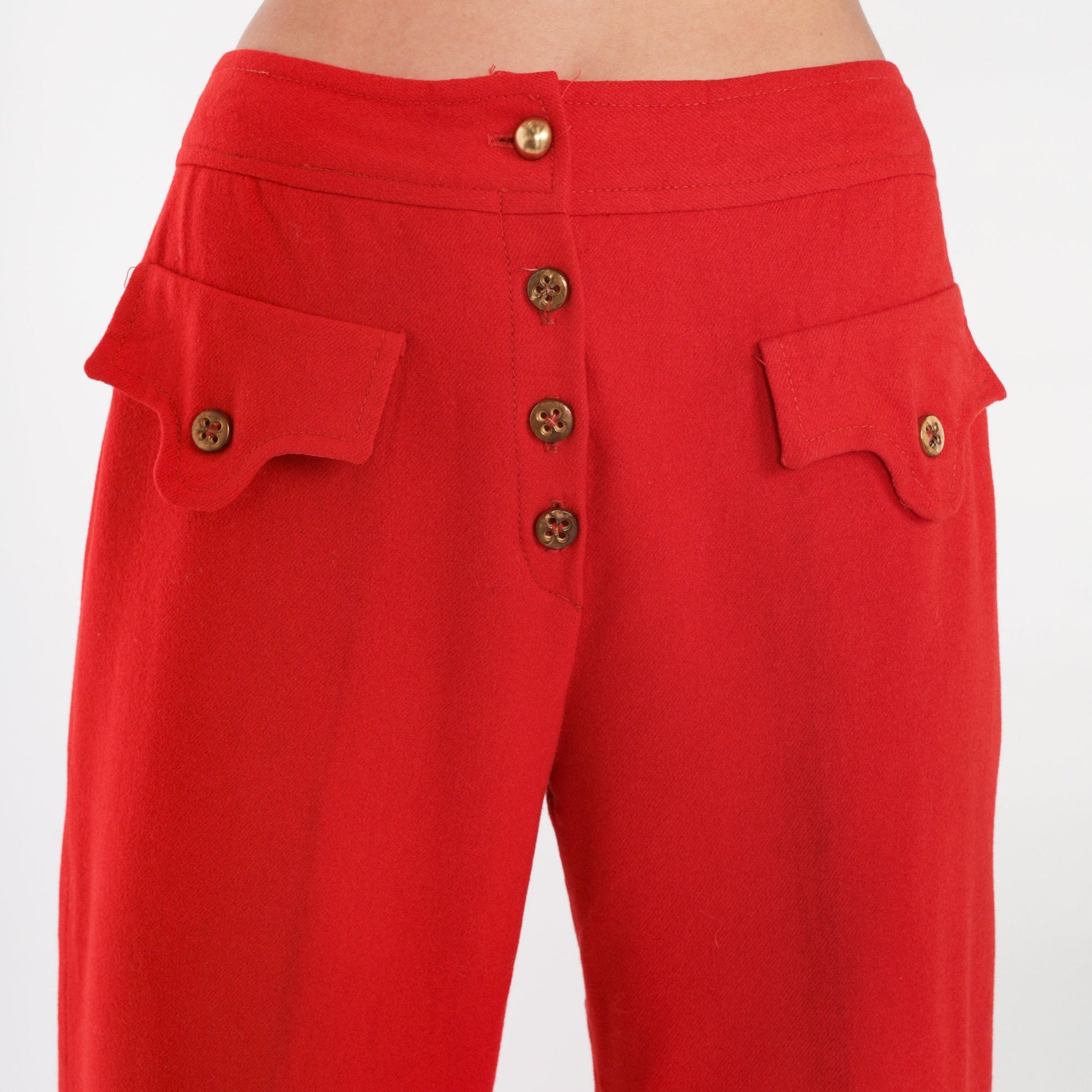 70s Red Wool Bell Bottom Trousers High Waist Button Fly Small