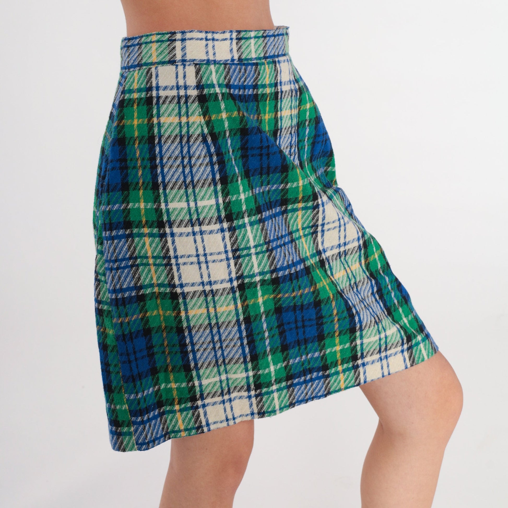70s Plaid Wool Blend Mini Skirt High Waist Tartan White Blue Green Small