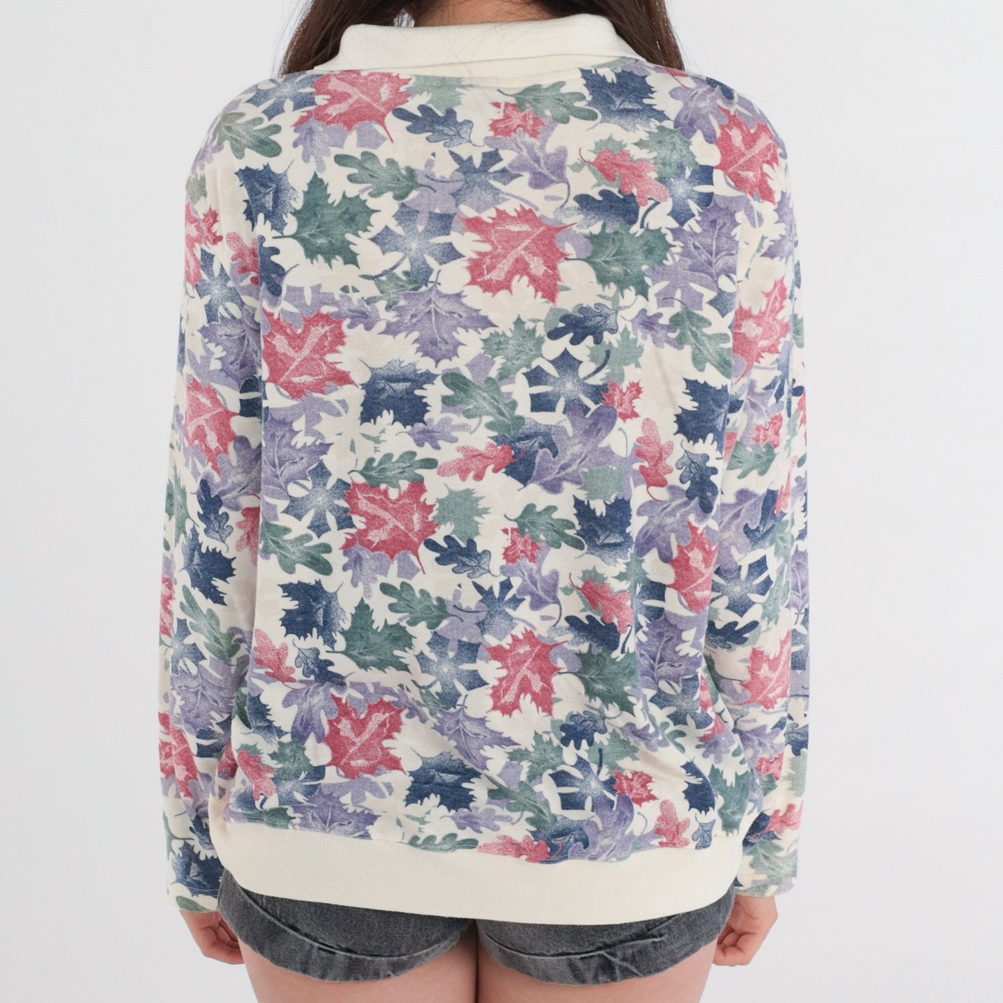 90s Leaf Print Collared Sweatshirt Blair Polo Cream Multi Large L