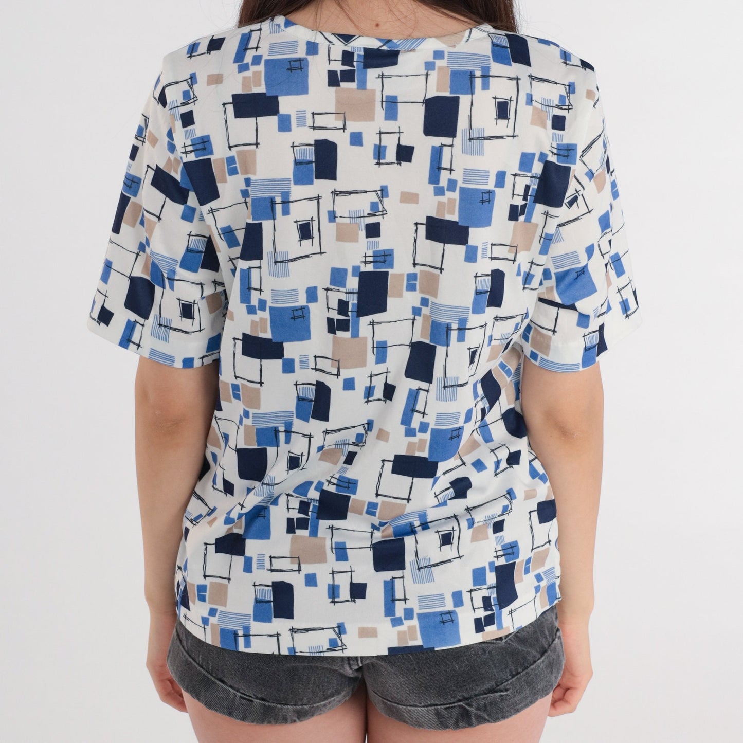 90s Geometric Square Print Blouse Short Sleeve White Blue Beige Large L