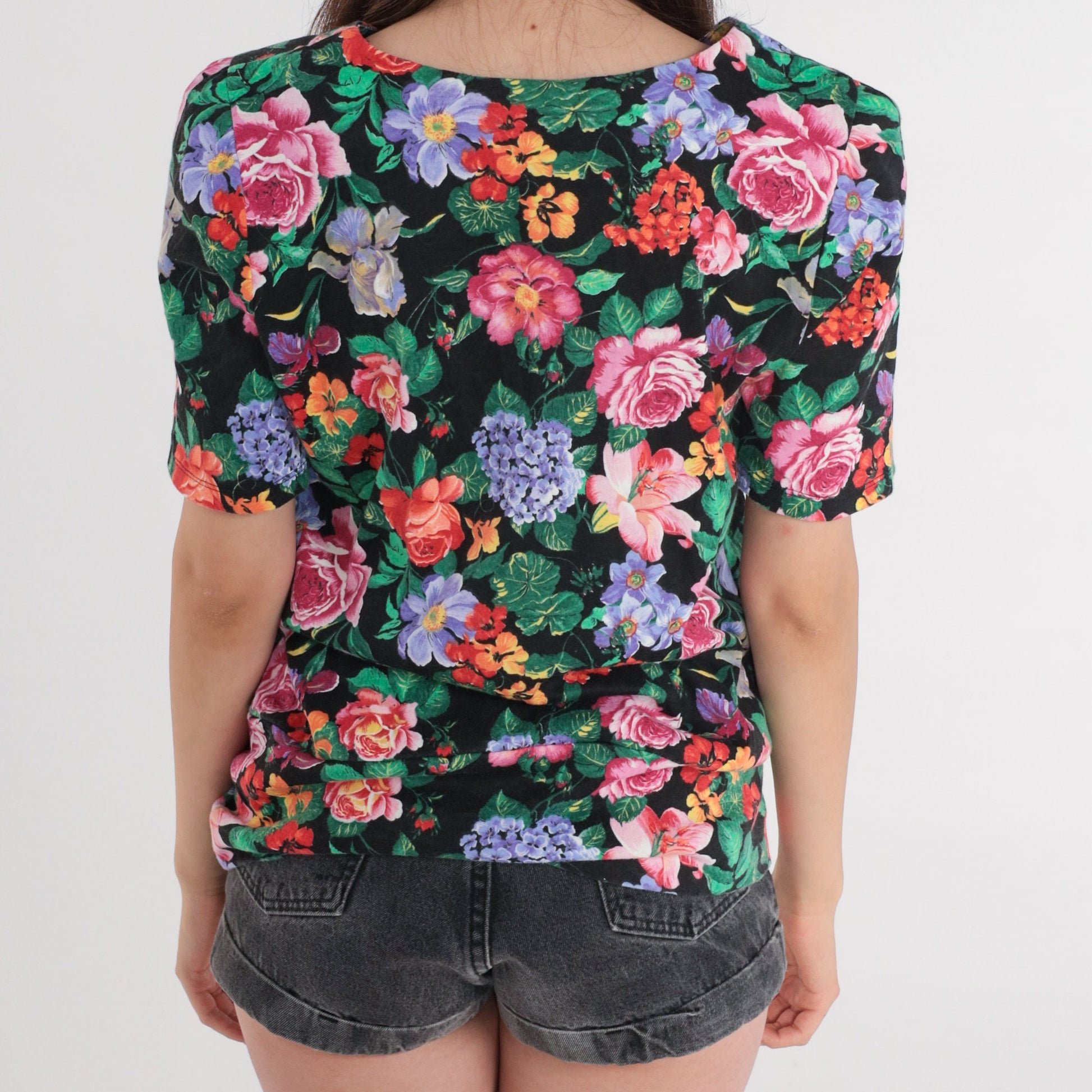 80s Fritzie Of California Black Floral Puff Sleeve Blouse Small