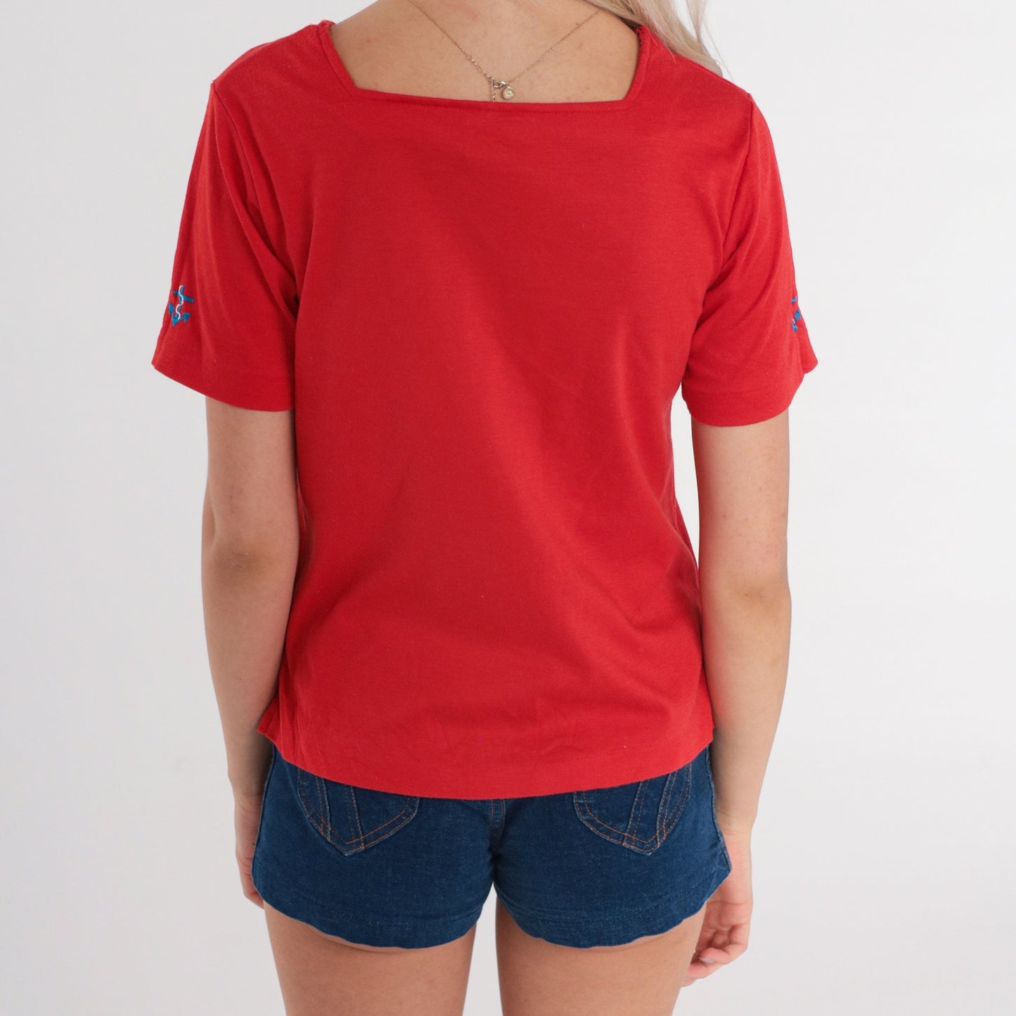 80s Red Anchor Embroidered Square Neck T-Shirt Small