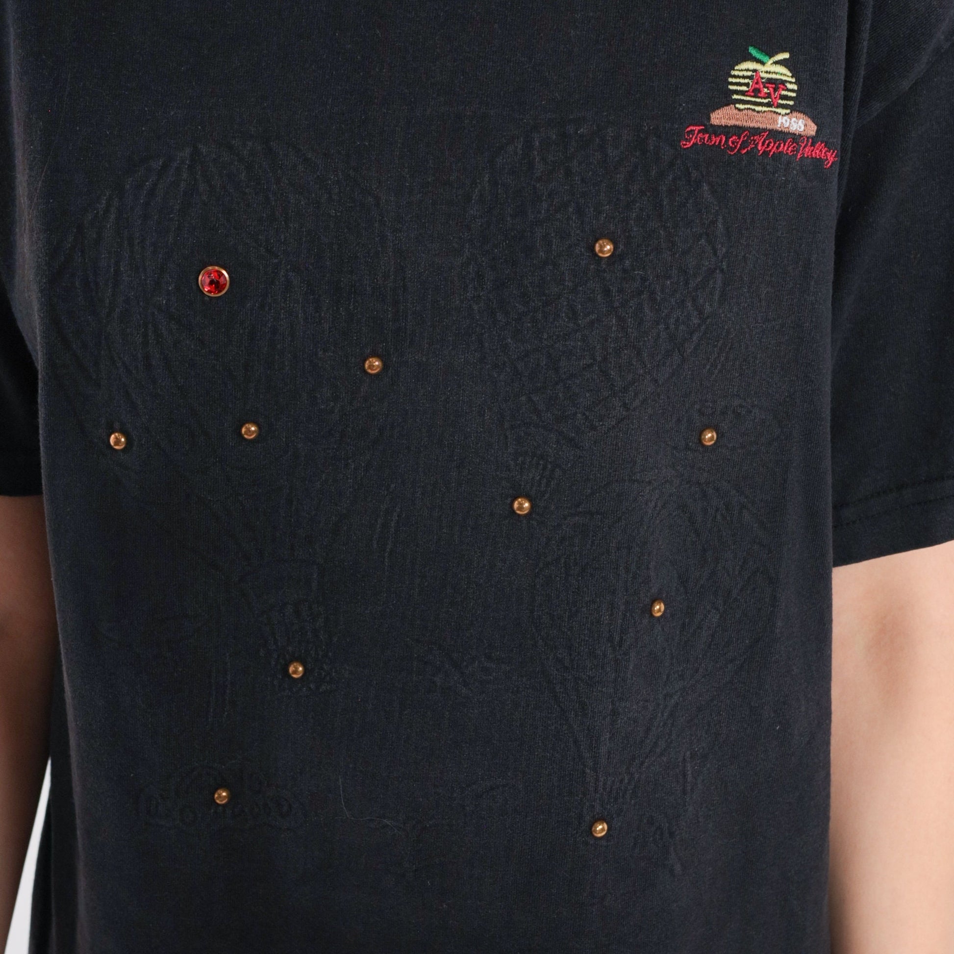 90s Apple Valley California Graphic Tee Black Studded Rhinestone Hot Air Balloon Extra Large
