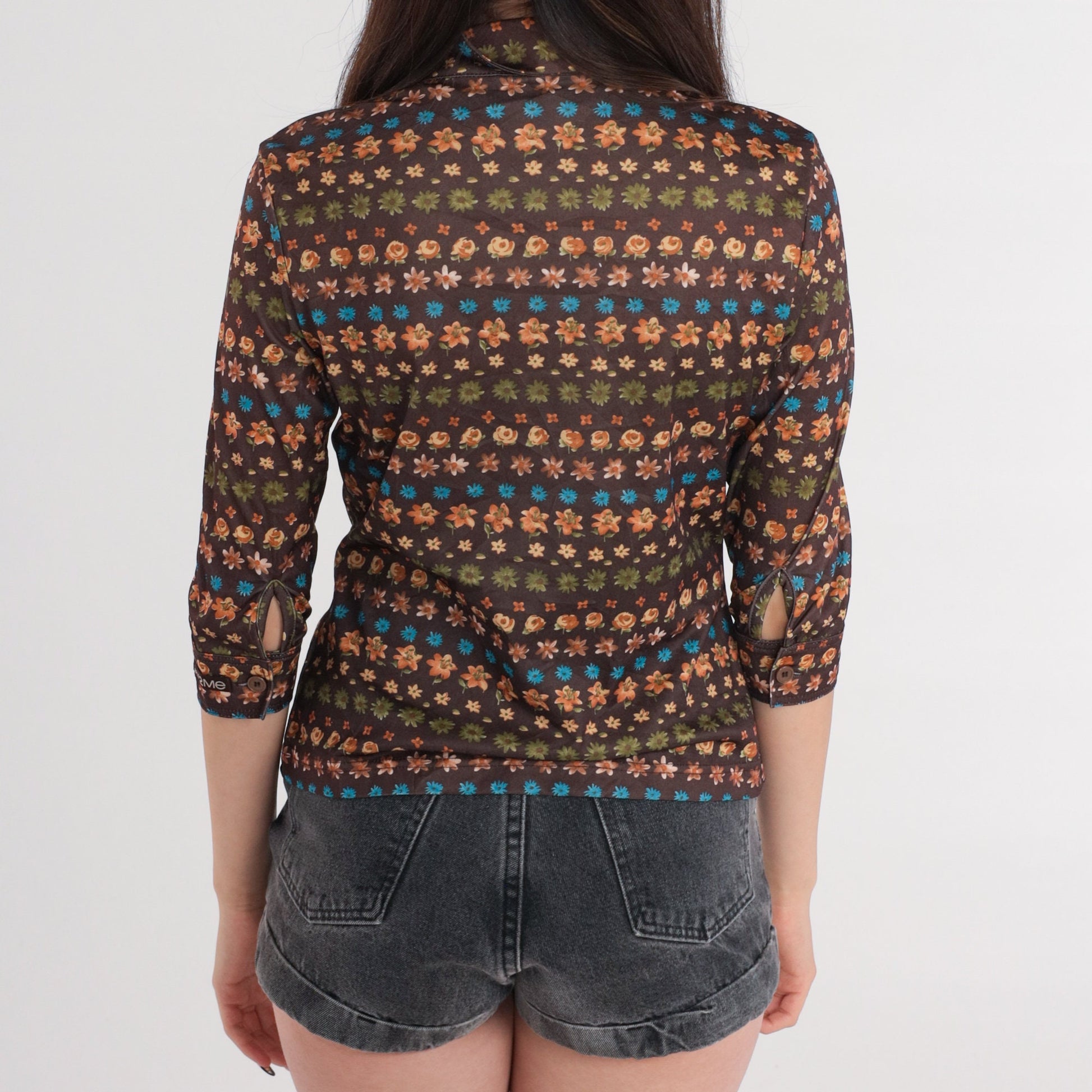 Y2K Brown Floral Button-Up Blouse Dagger Collar Long Sleeve Extra Small