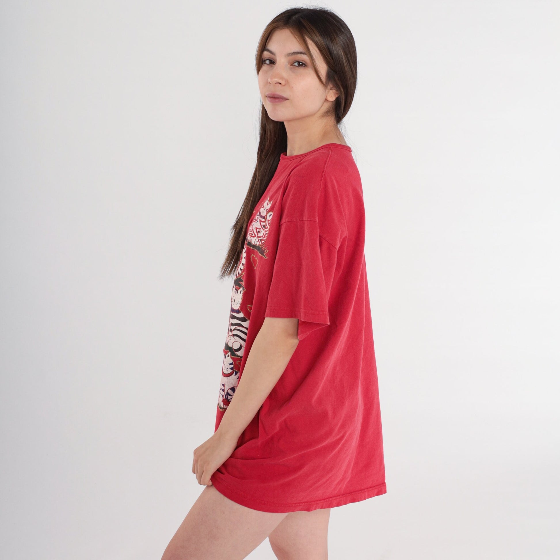 90s Glitter Cat T-Shirt Dress Red Graphic Sleep Shirt Mini One Size
