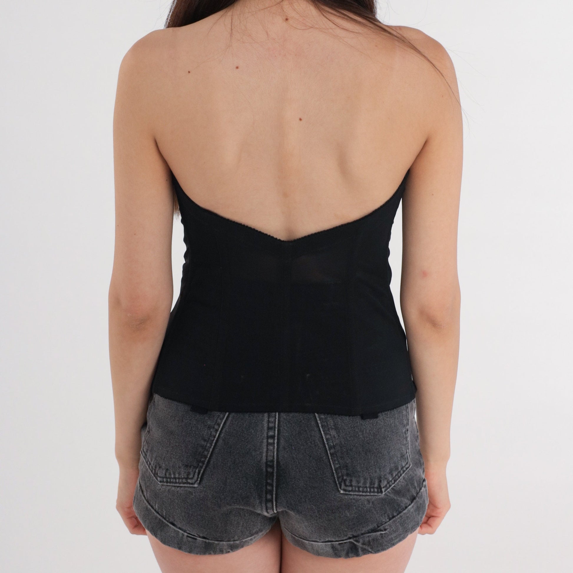 80s Black Lace Corset Top Floral Zipper Bustier Sweetheart Neckline 36B