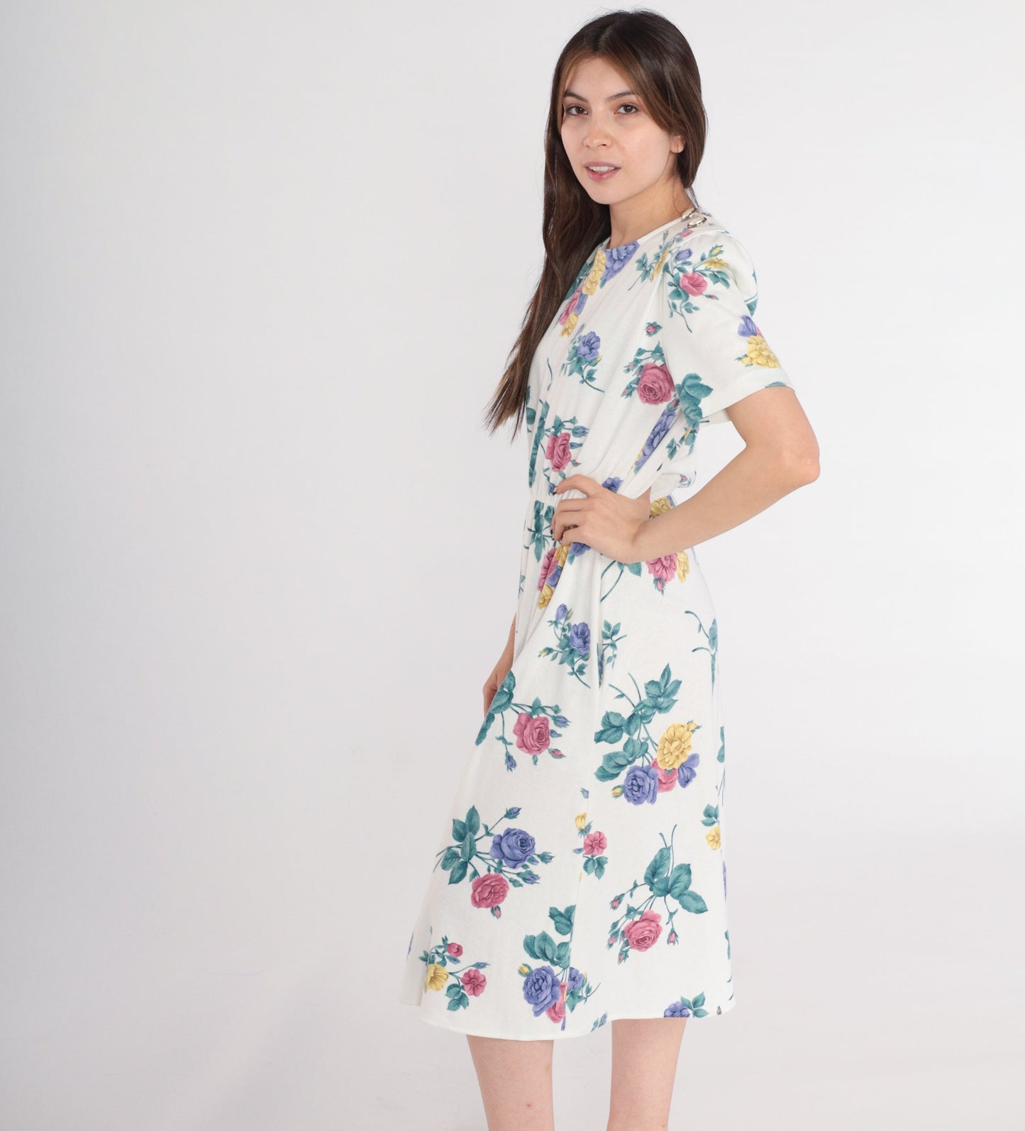 80s White Floral Midi Dress High Waist Puff Sleeve Button Shoulder Small