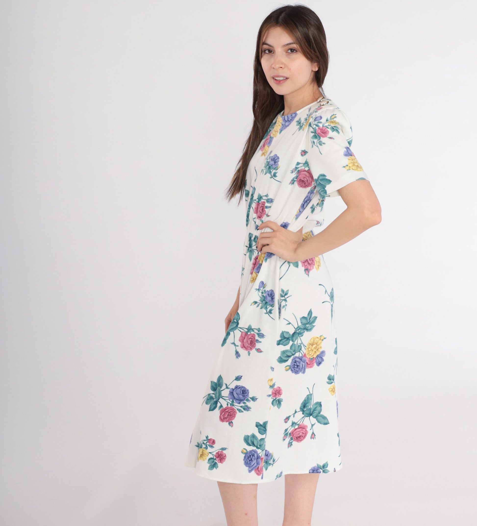 80s White Floral Midi Dress High Waist Puff Sleeve Button Shoulder Small