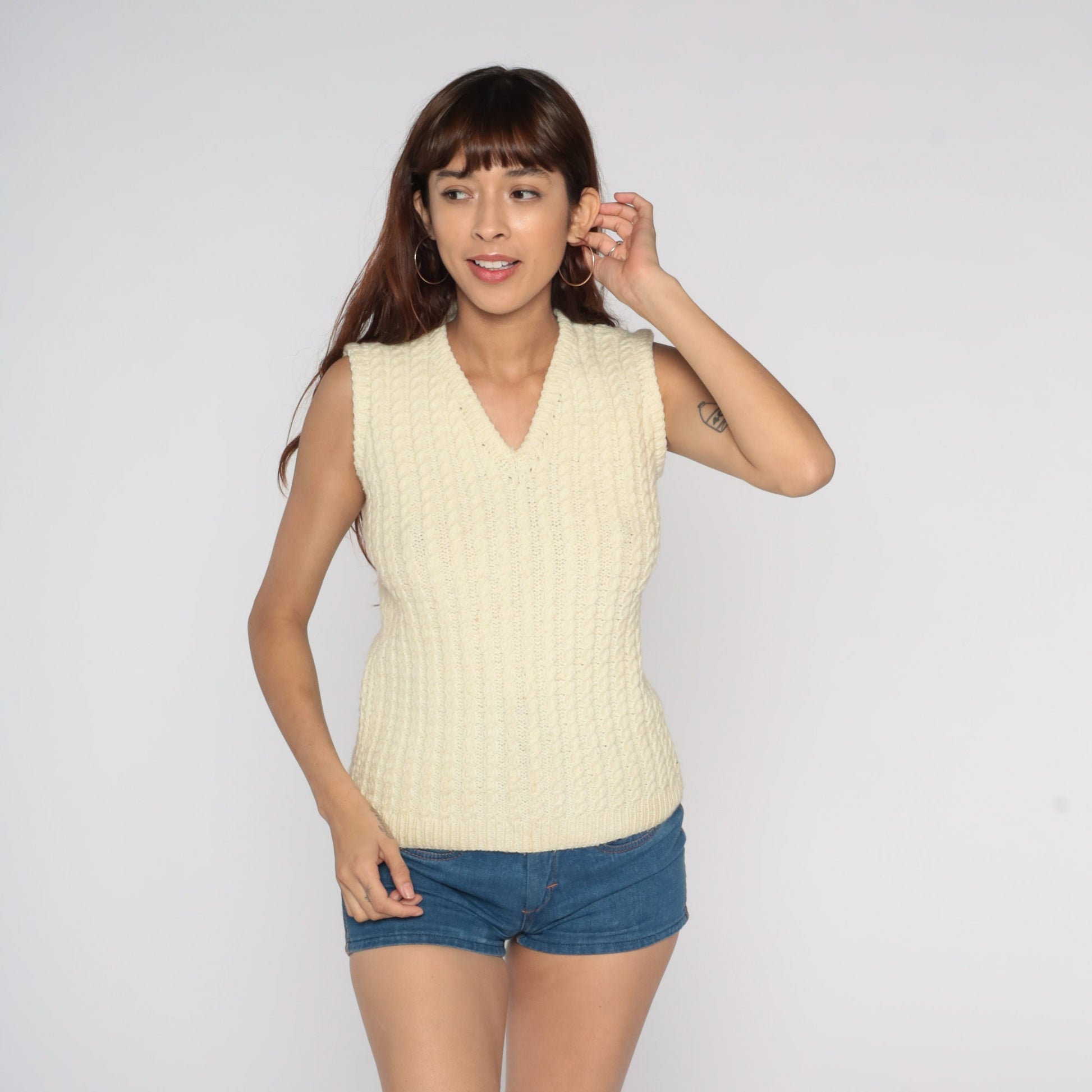 80s Cream Cable Knit Sweater Vest V-Neck Pullover Small S