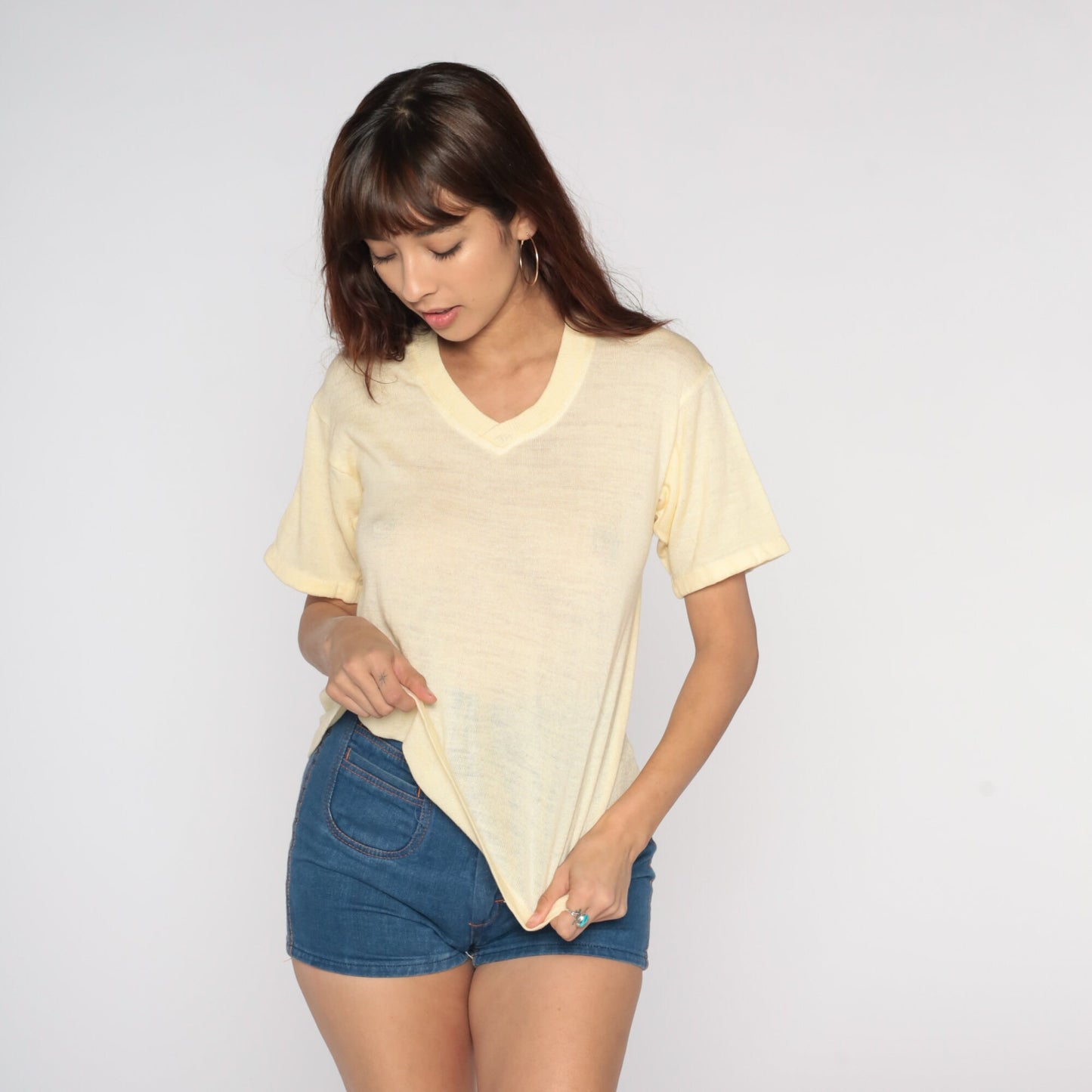 70s Yellow Knit V-Neck Short Sleeve Top Small S