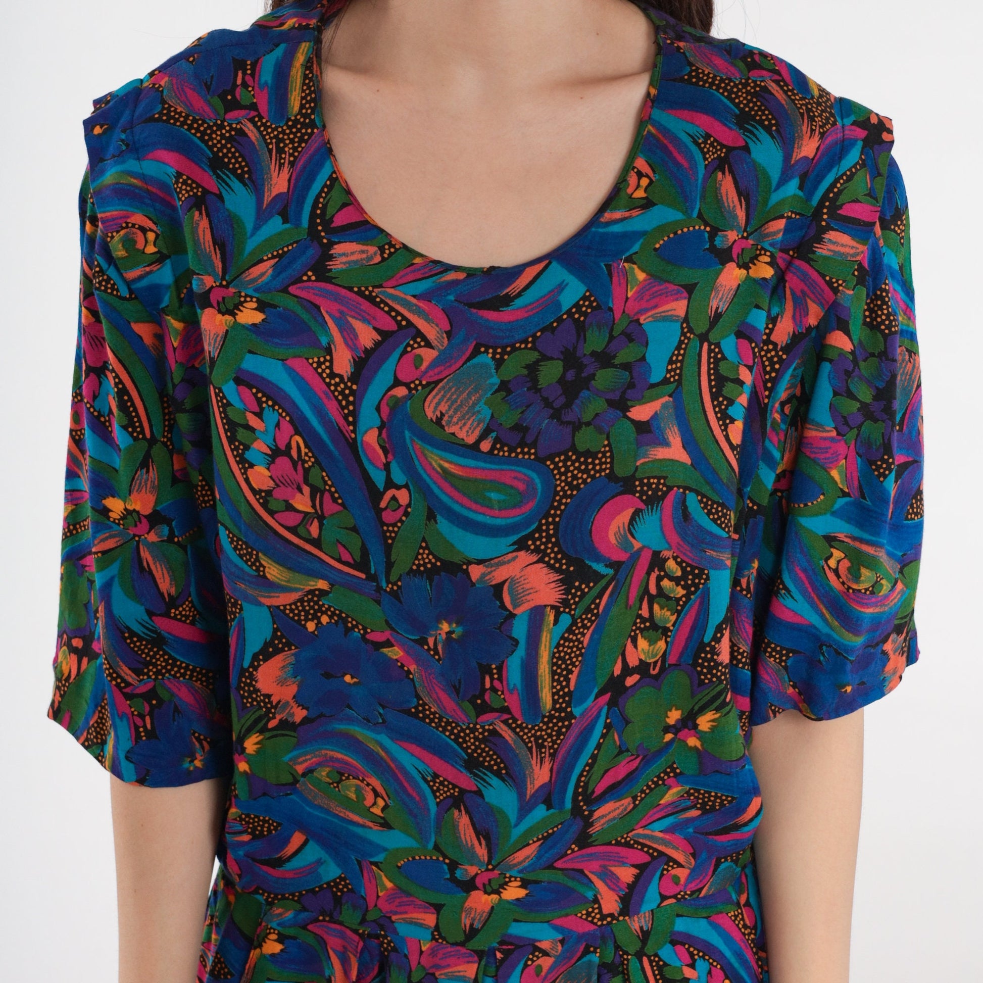 80s Paisley Floral Rayon Dress Drop Waist Pleated Midi Blue Pink Large L
