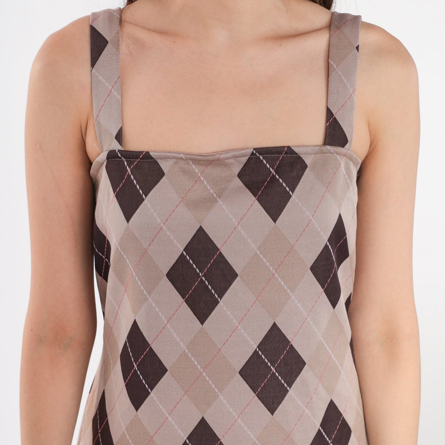 Y2K Tan Argyle Checkered Mini Sundress Spaghetti Strap Shift Small Medium