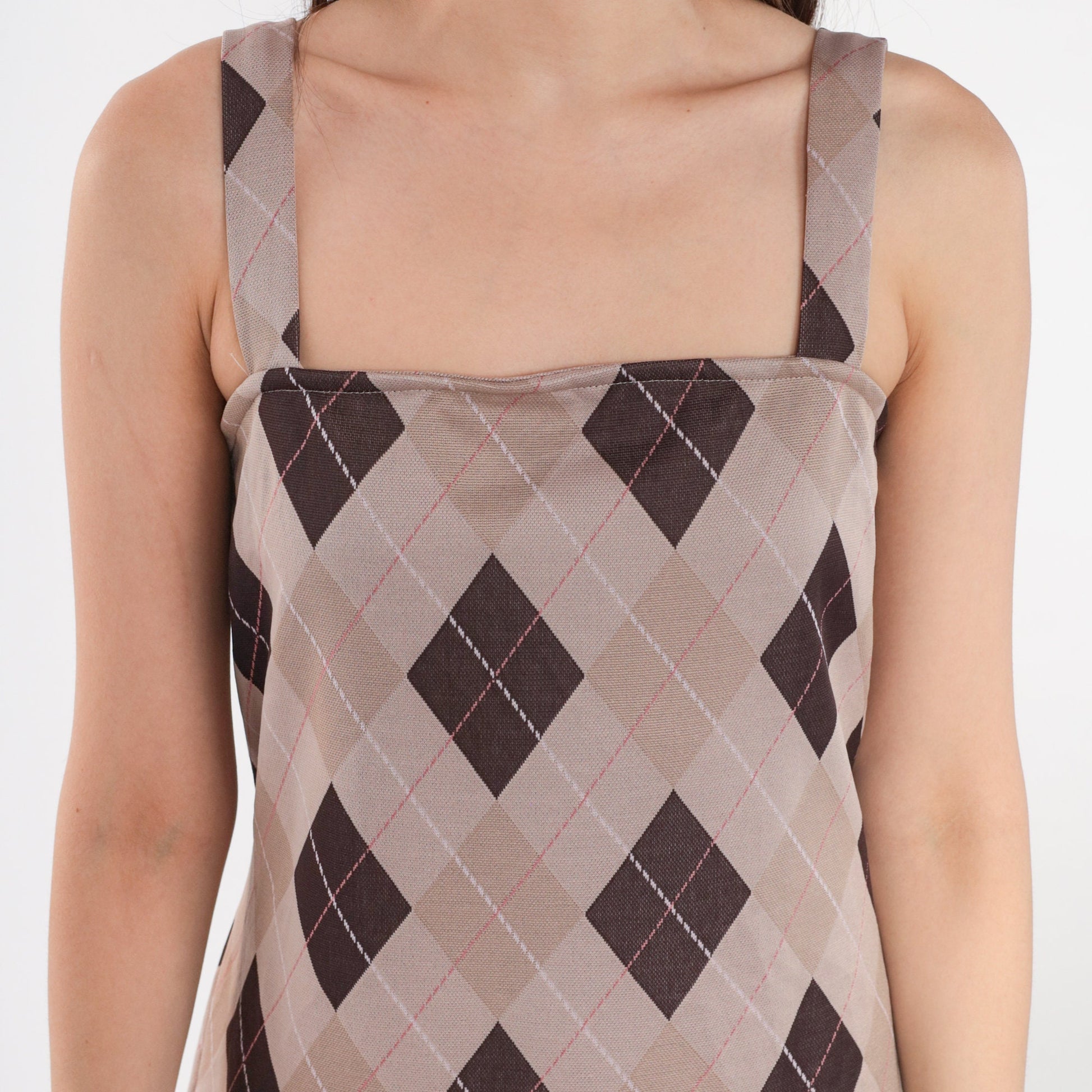 Y2K Tan Argyle Checkered Mini Sundress Spaghetti Strap Shift Small Medium