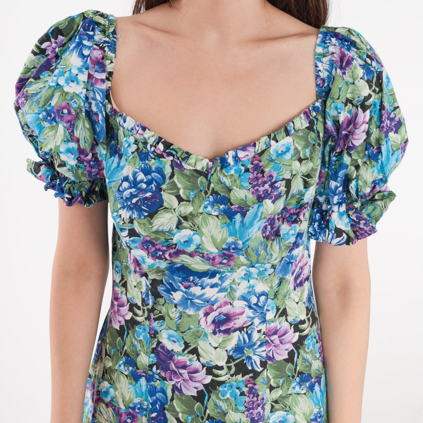 80s Floral Midi Dress Puff Sleeve Sweetheart Neckline Blue Purple Medium
