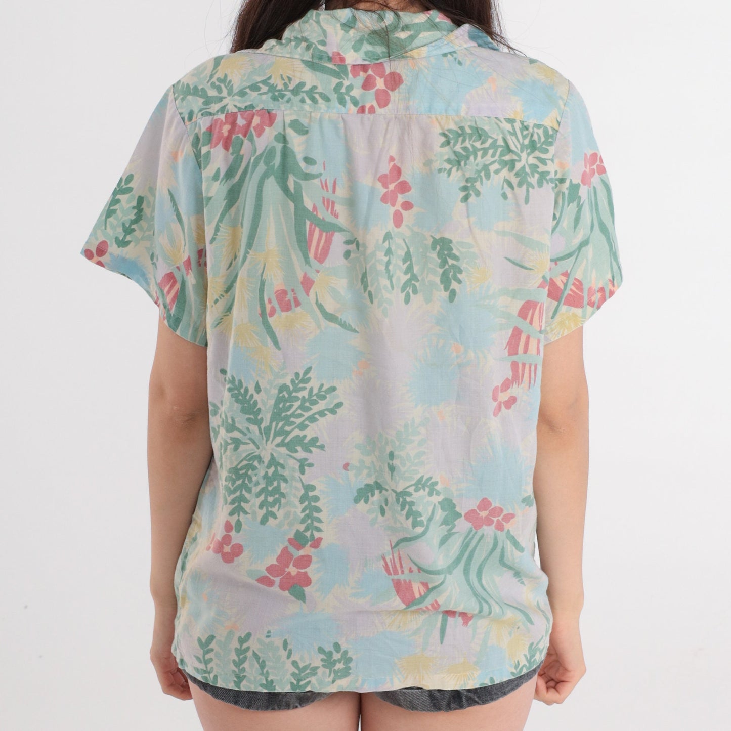 80s Floral Bird Print Button-Up Blouse Short Sleeve Green Blue Grey Medium