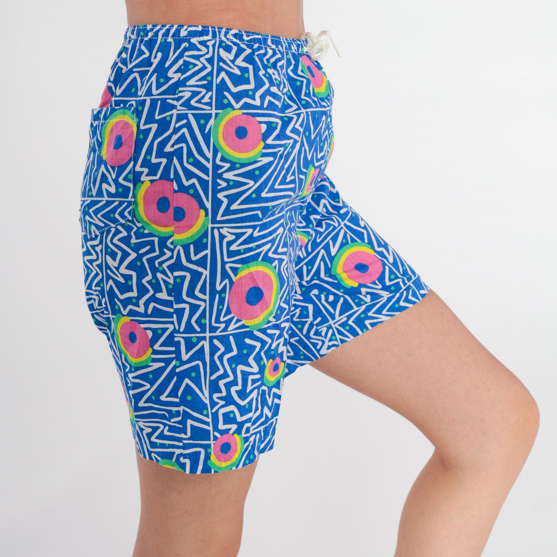 90s Blue Abstract Print Shorts High Drawstring Waist Wide Leg Extra Small