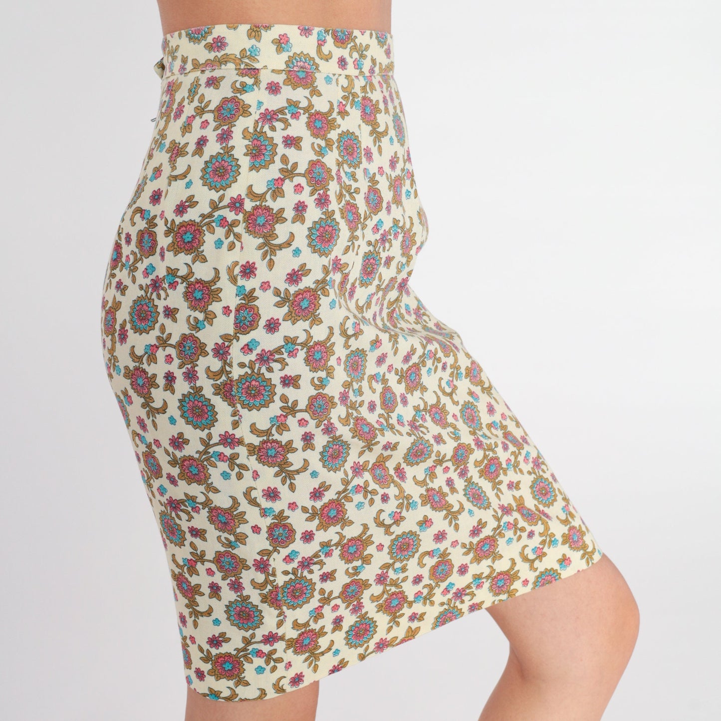 60s Floral Mini Skirt Cream Flower Print High Waisted Pencil Xs