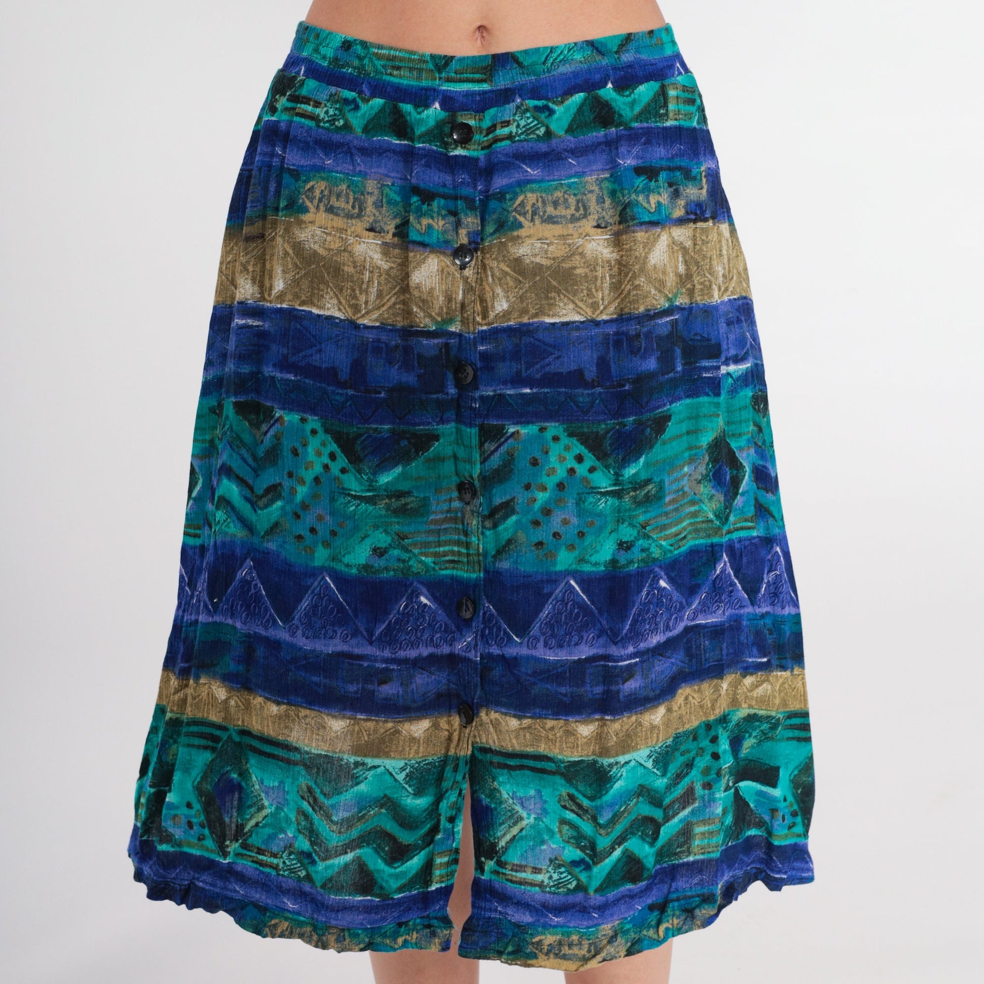 90s Abstract Striped Midi Skirt Button Front Blue High Waist Extra Large XXL