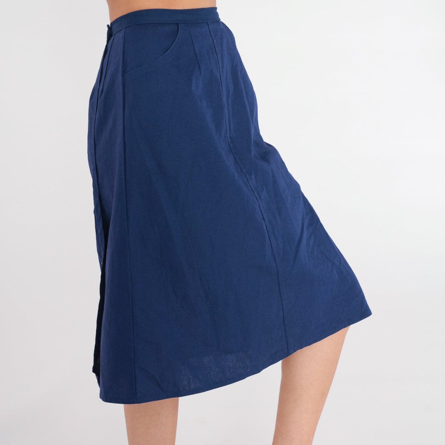 80s Navy Midi Skirt High-Waisted A-Line Extra Small XS