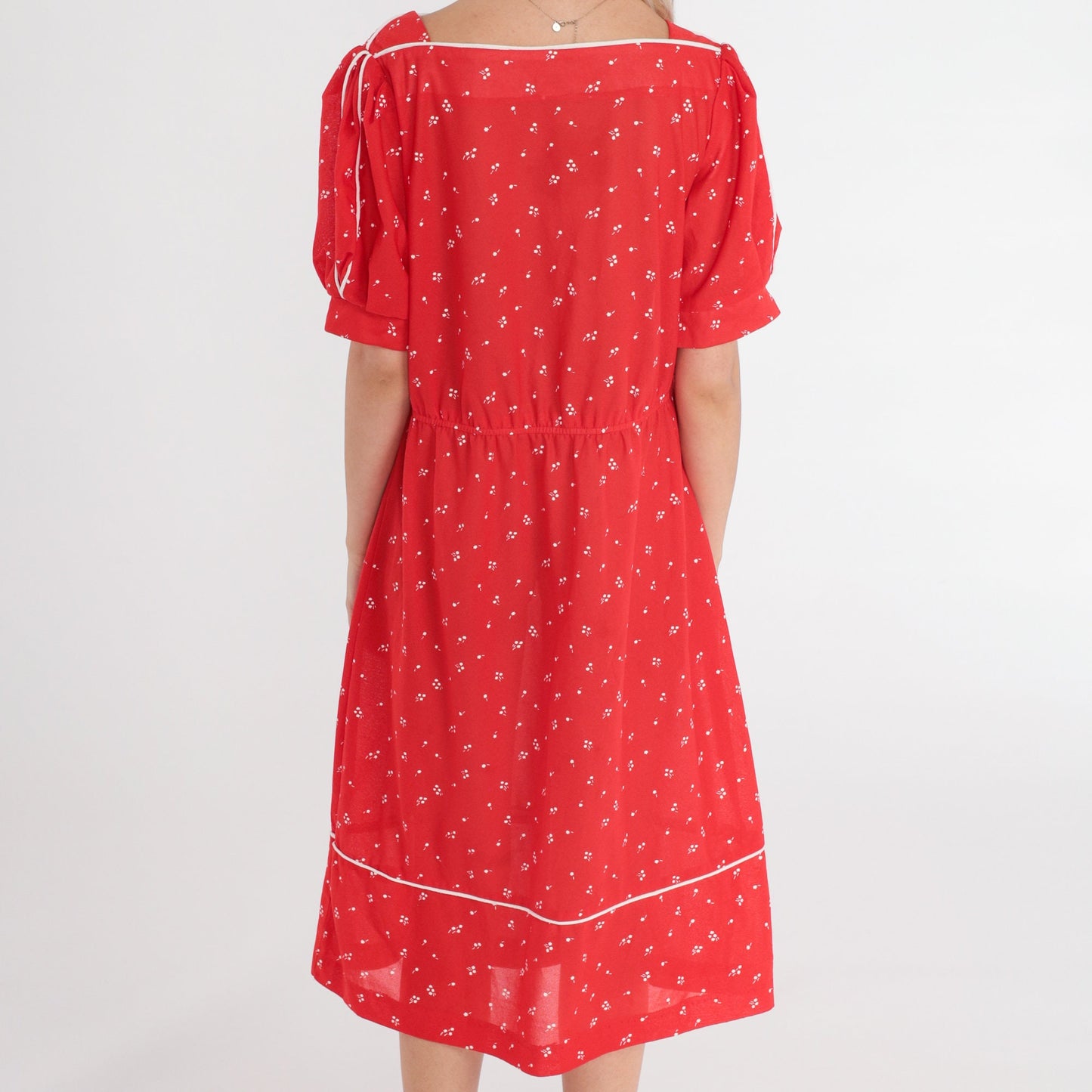 70s Red Floral Midi Dress White Flower Print High Waist Puff Sleeve Medium Large