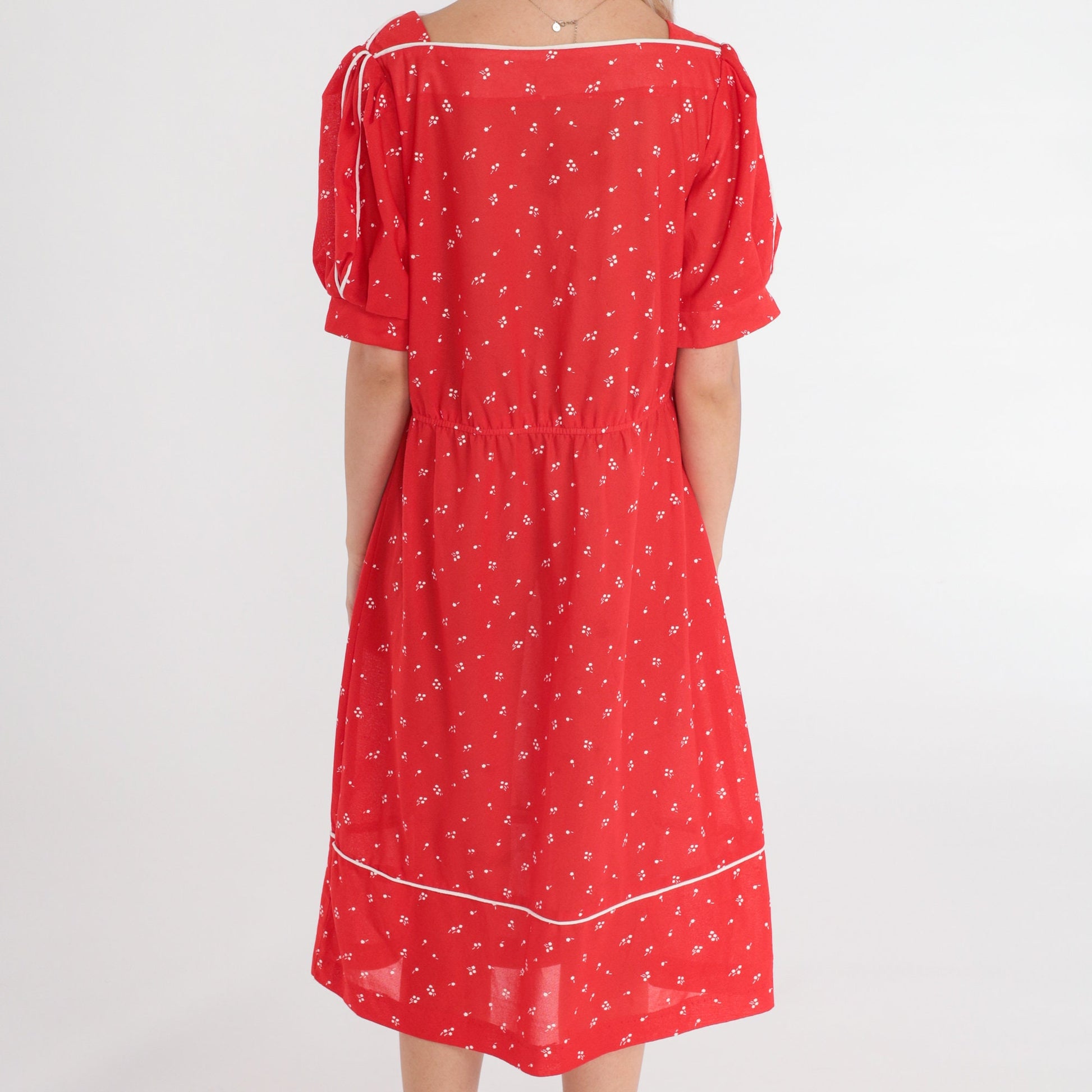70s Red Floral Midi Dress White Flower Print High Waist Puff Sleeve Medium Large