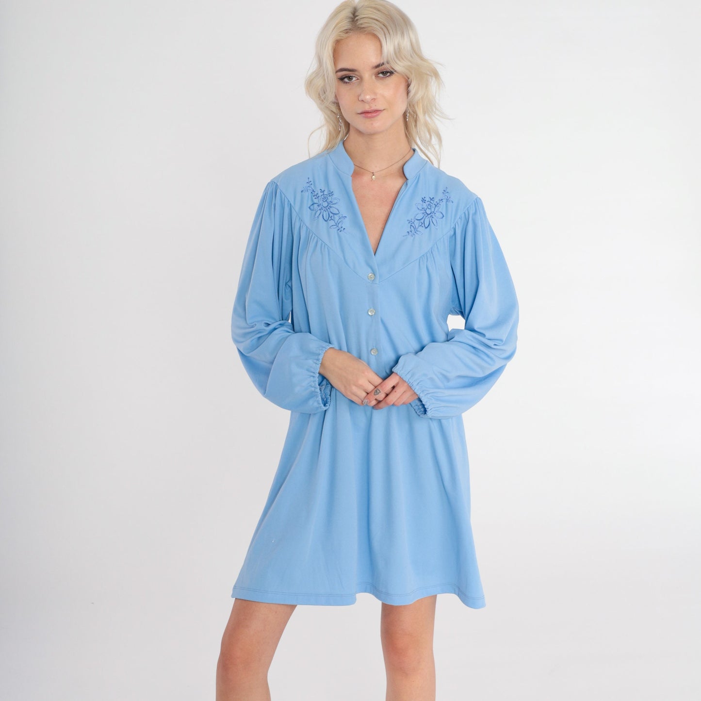 70s Blue Floral Embroidered Mini Dress High Waist Button Up Long Sleeve Extra Large