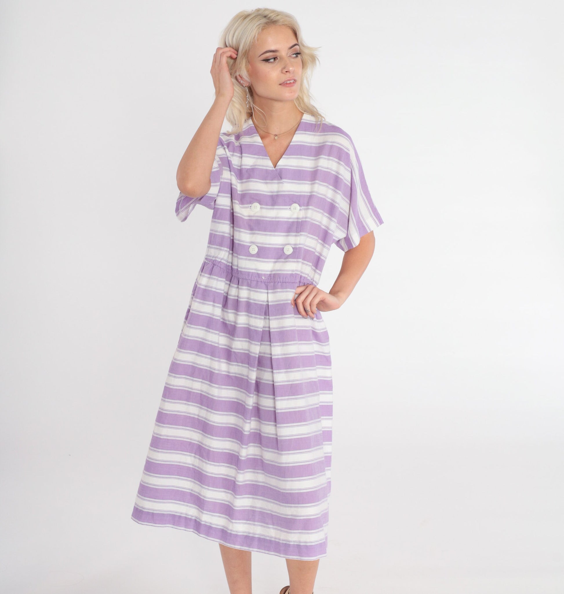 80s Striped Midi Dress White Purple Double Breasted V-Neck High Waisted Medium