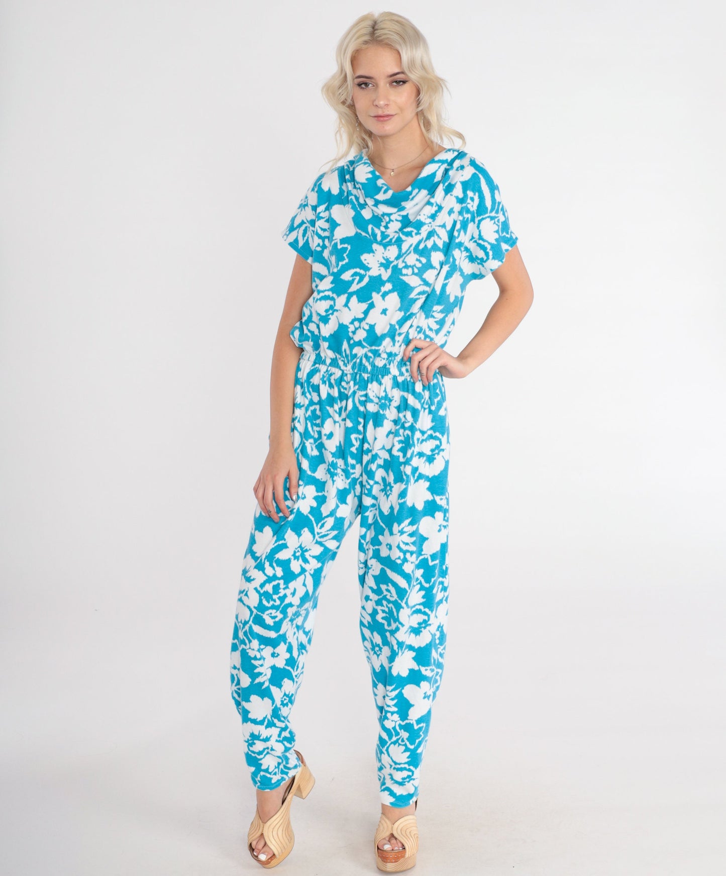 80s Blue Floral Jumpsuit White Print Cowl Neck Tapered Leg Medium Large