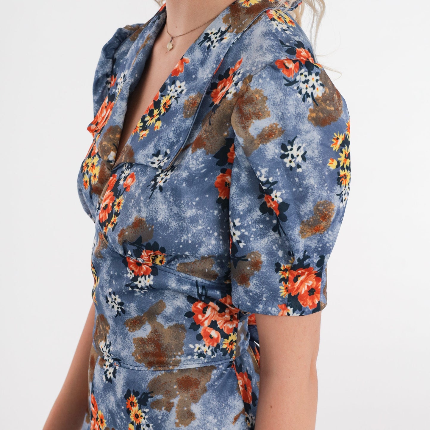 70s Blue Floral Babydoll Mini Dress Puff Sleeve Empire Waist Small S