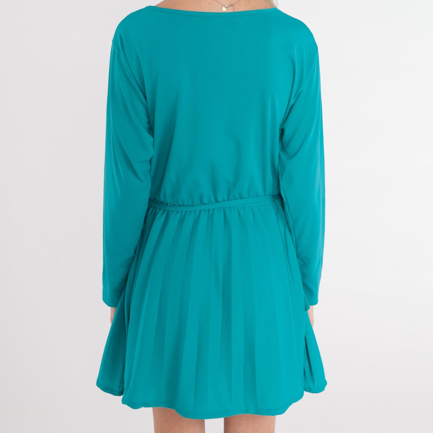 80s Teal Green Mini Dress High Waist Long Sleeve Pleated Medium M