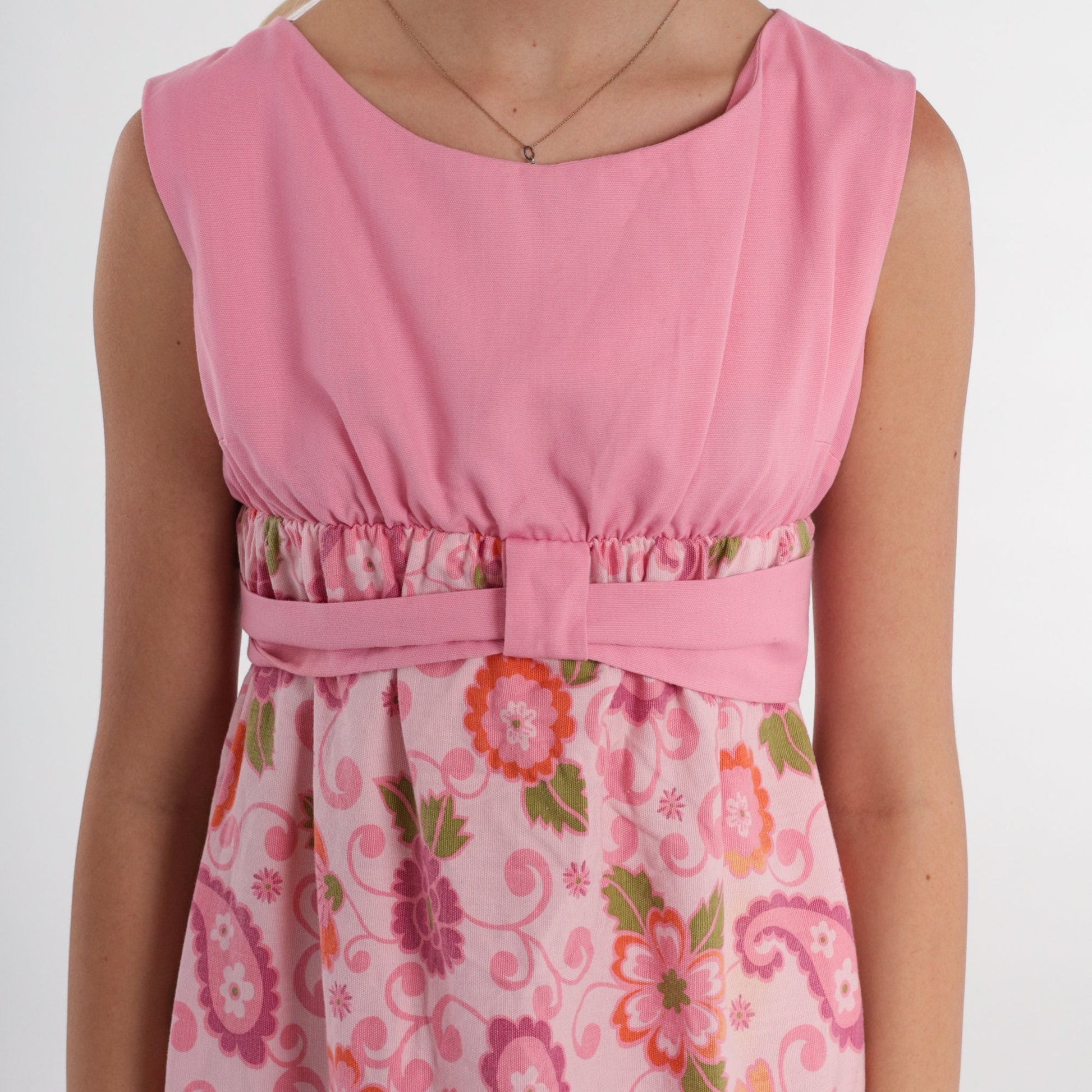 70s Pink Floral Empire Waist Mini Dress Sleeveless Tie Belt Pockets XS