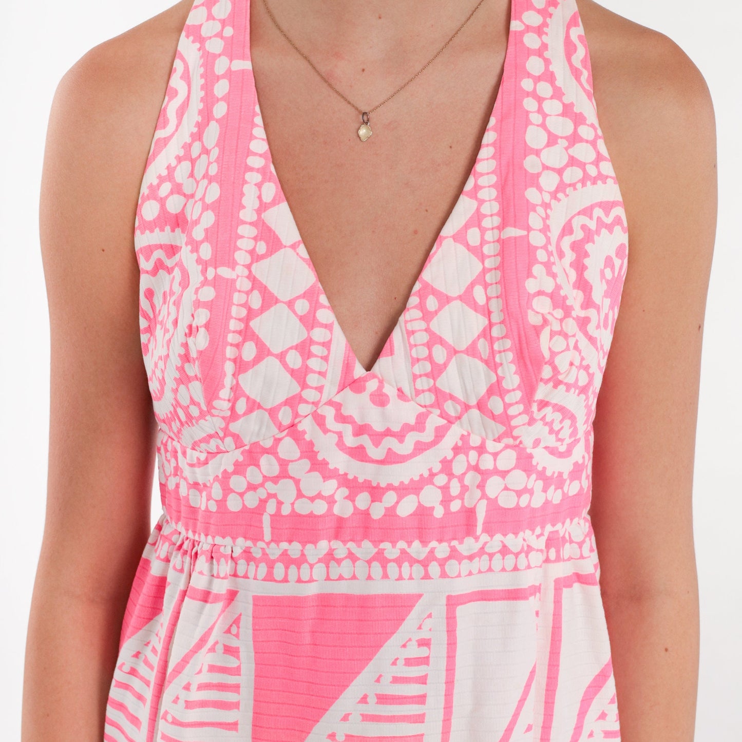 70s Hot Pink White Geometric Mini Dress Halter Neck Empire Waist Small