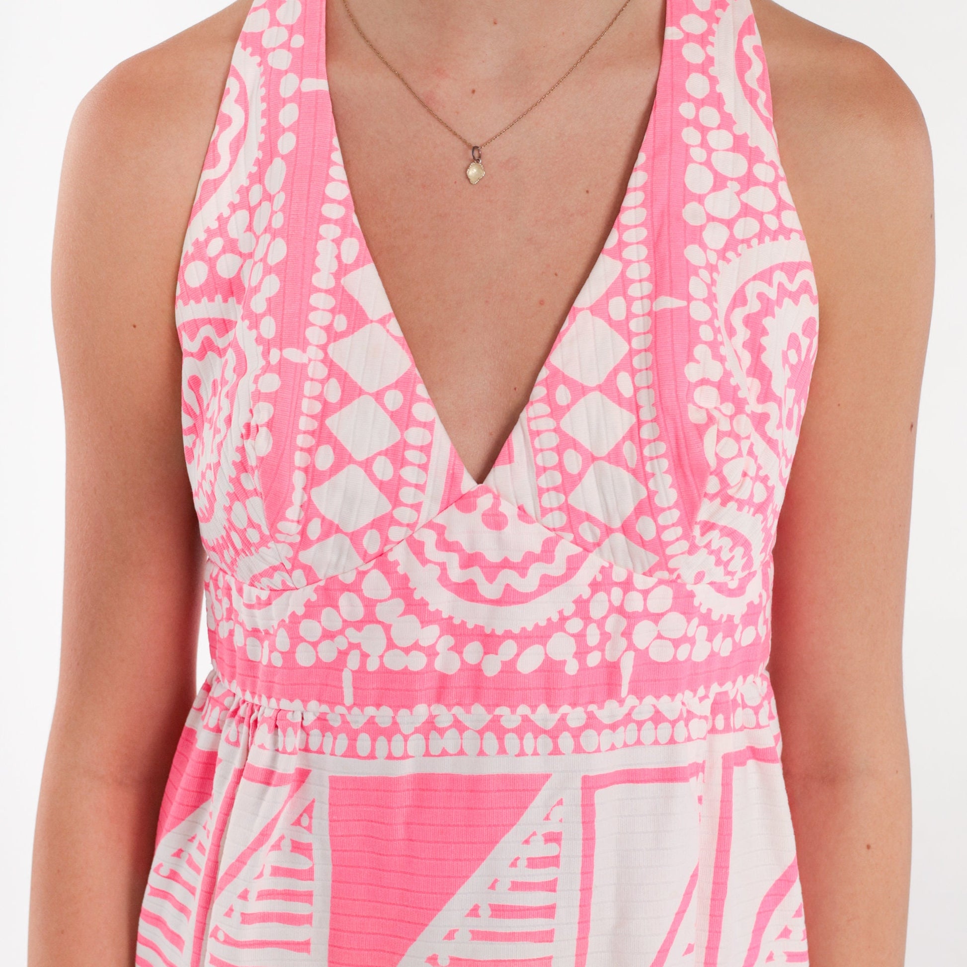 70s Hot Pink White Geometric Mini Dress Halter Neck Empire Waist Small