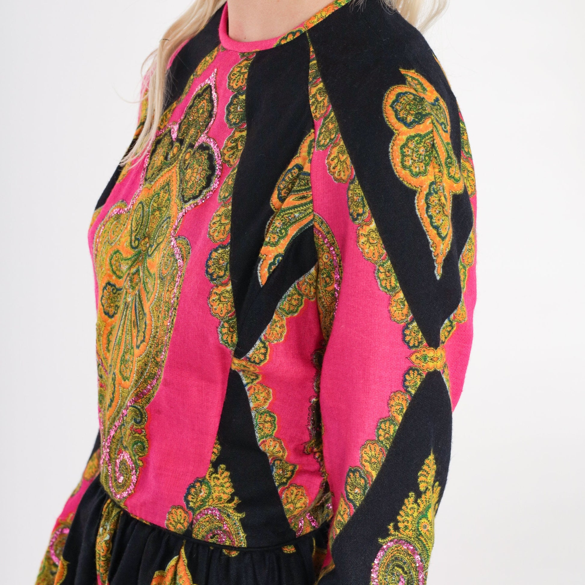 70s Don Sophistics Sequin Mini Dress Indian Floral Paisley Color Block Pink Black Small
