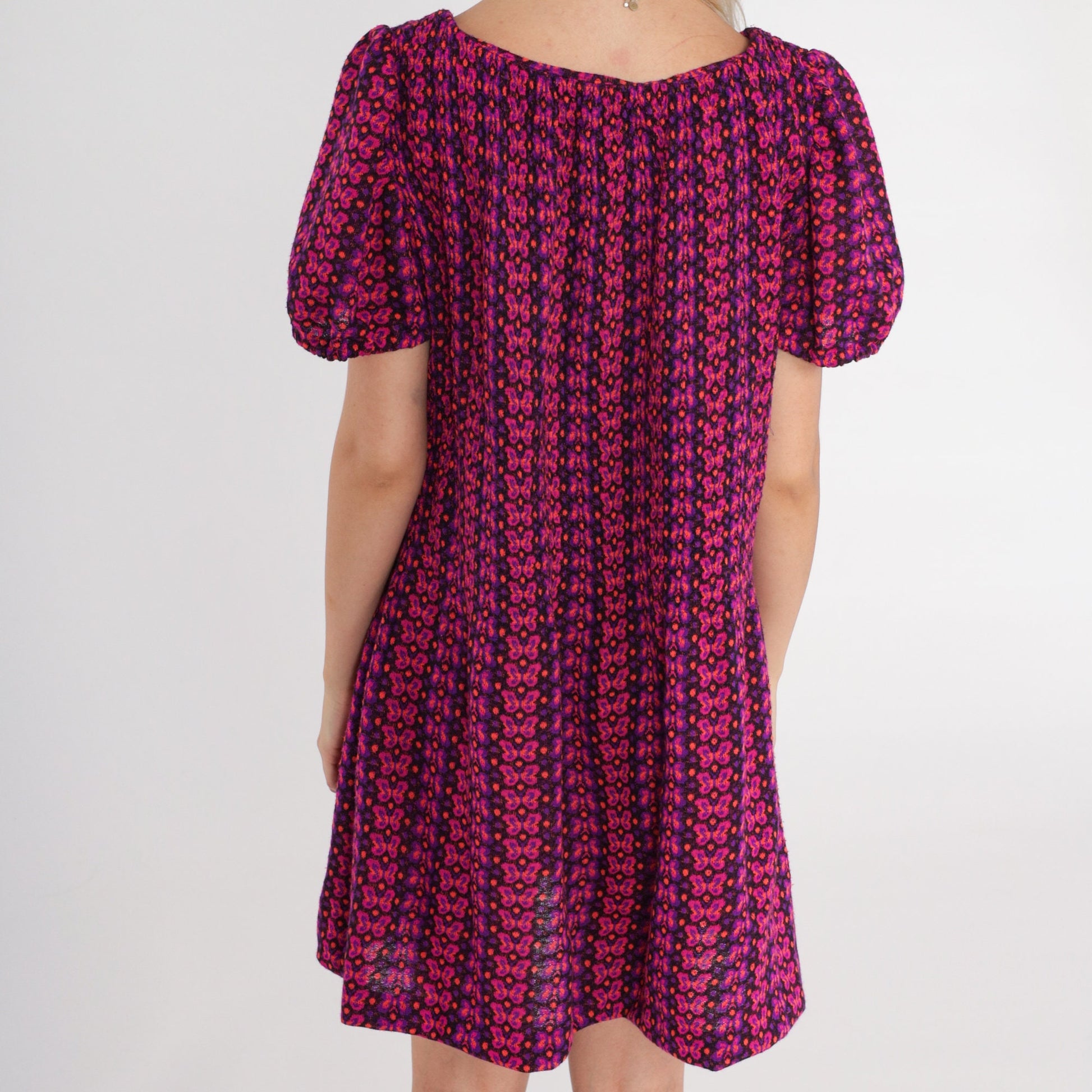 60s Butterfly Print Shift Dress Puff Sleeve Mini Pink Purple Orange Medium Large
